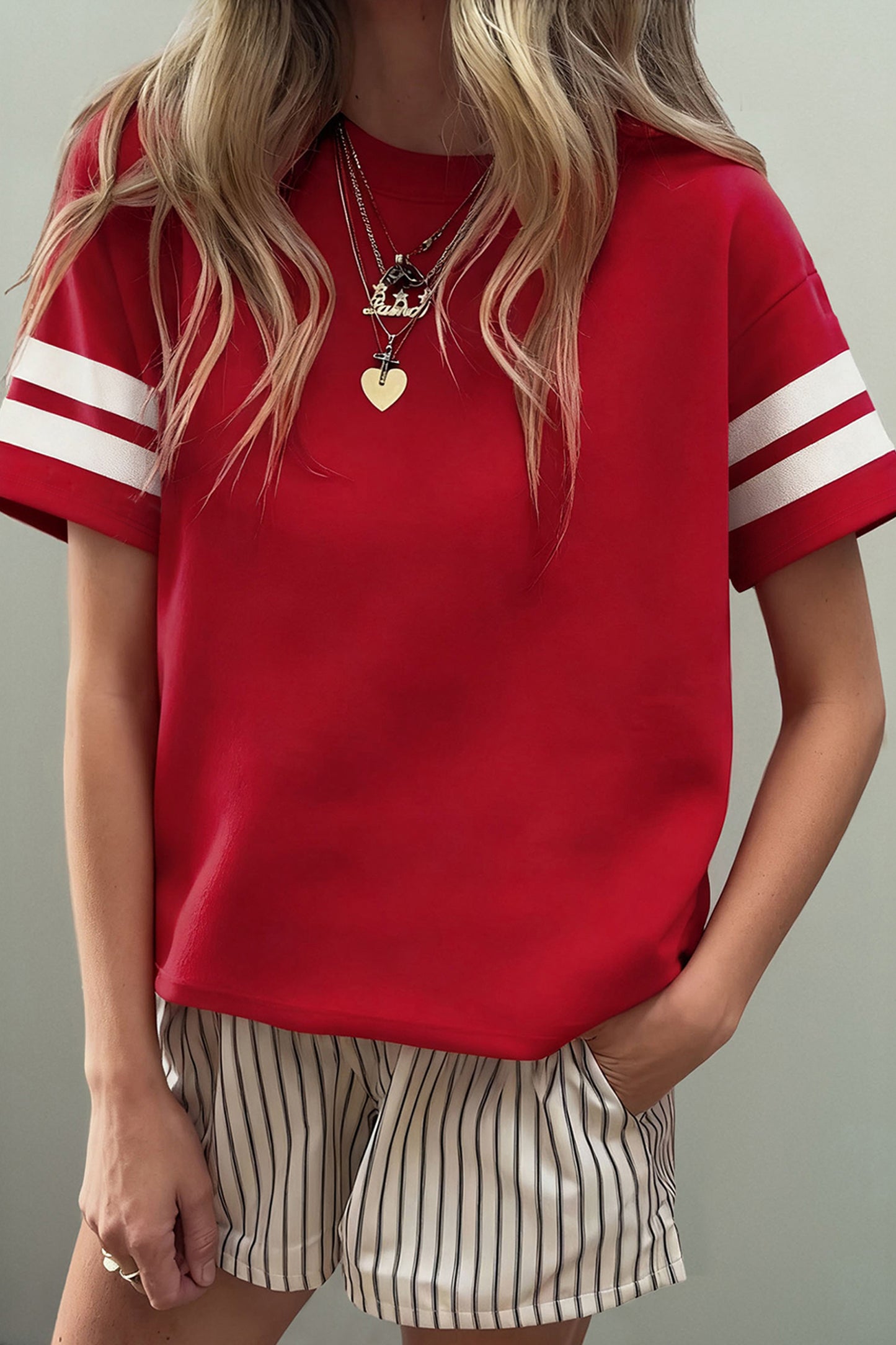 Dark Blue Varsity Striped Short Sleeve Crew Neck T Shirt