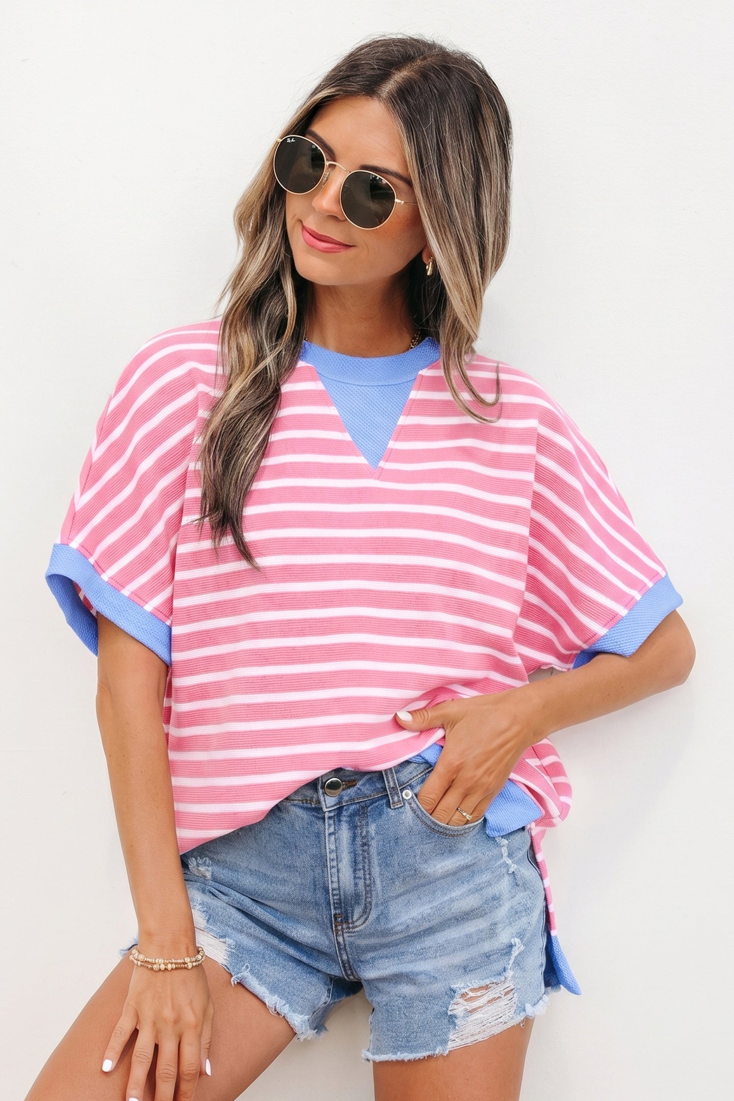 Sky Blue Stripe Contrast Trim Loose Short Sleeve Top