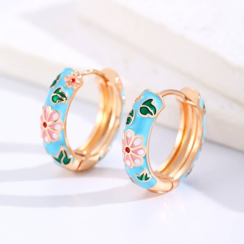 VINTAGE CLOISONNE ENAMEL FLORAL HOOP EARRINGS | 40E358
