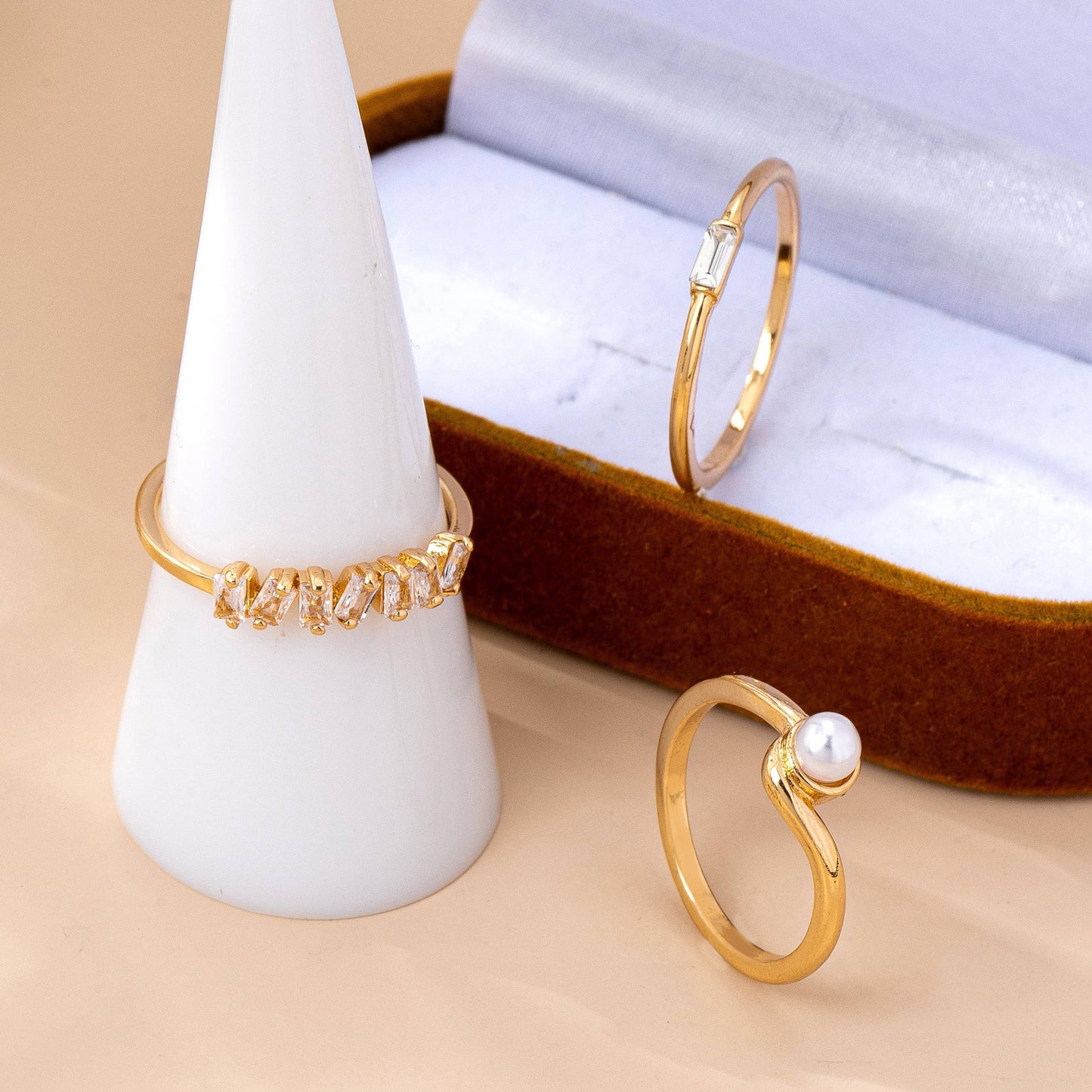 Pearl & Crystal Delicate Gold Ring Trio | 80R159