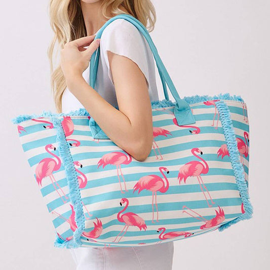 Flamingo Stripe Fringe Tote Bag