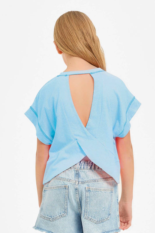 Trendy Overlap Open Back Reverse Stitched Top