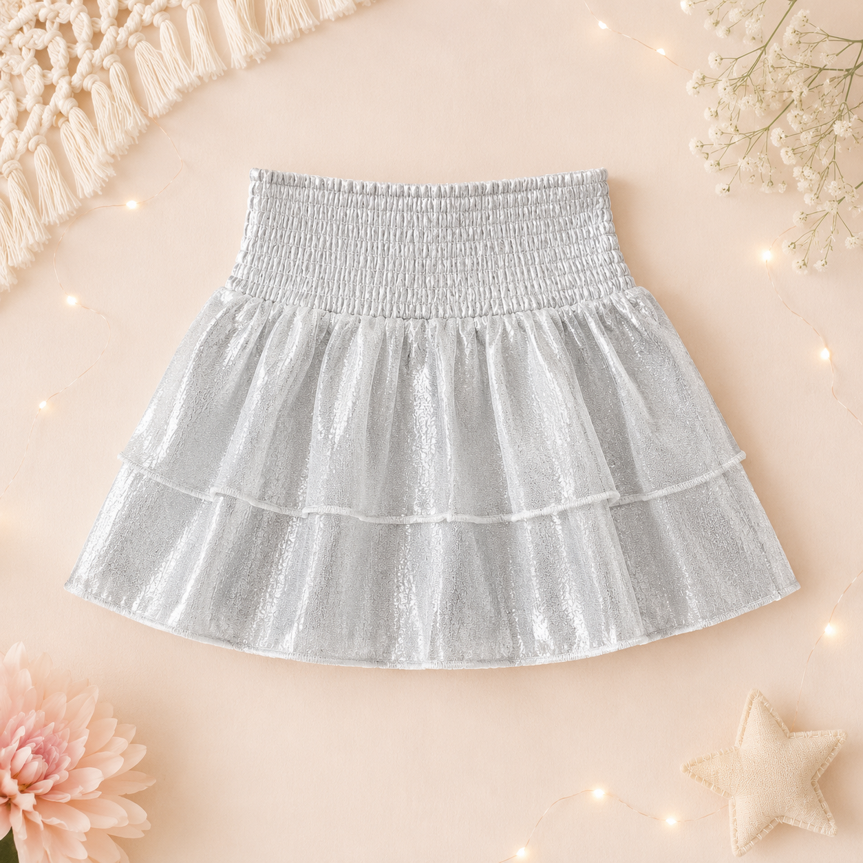 Girls Jeskids Silver Shimmer Tiered Skirt Size M 6/7