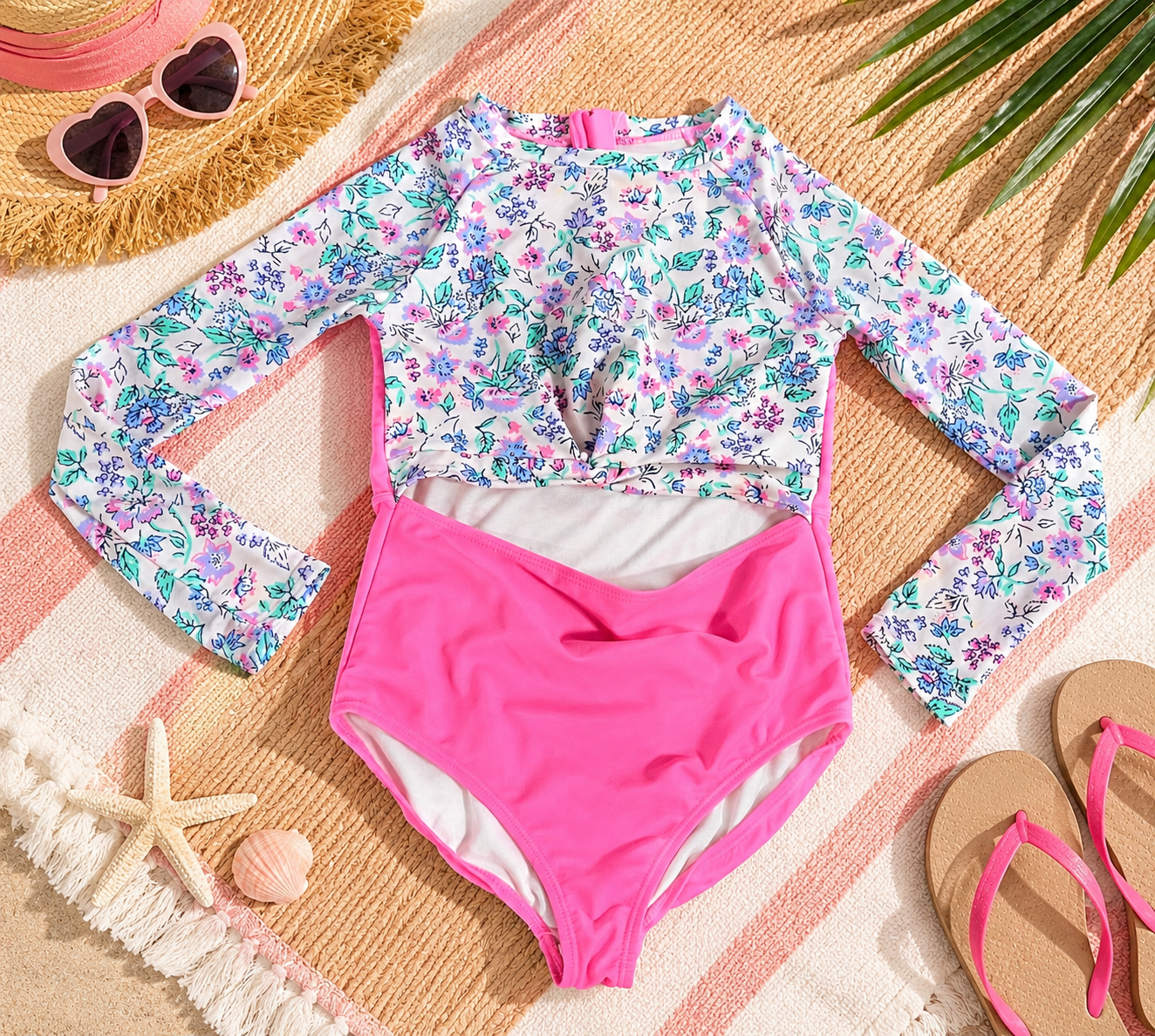 Girls Floral Long-Sleeve Rash Guard Swimsuit Size L