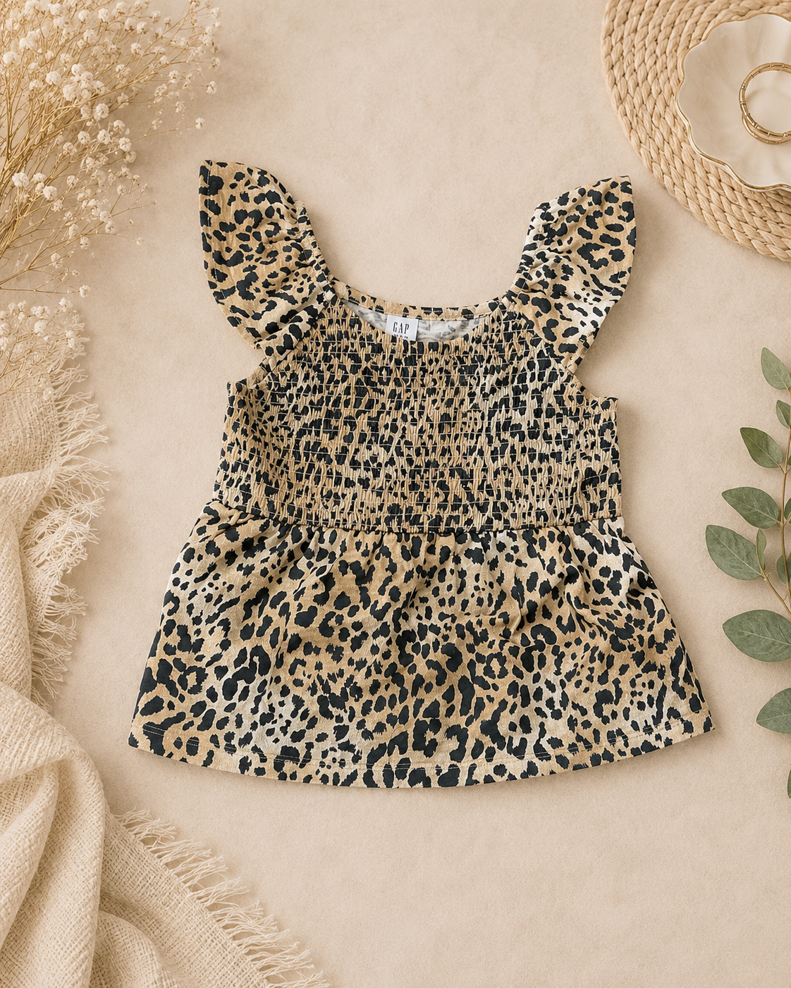 GAP Girls Leopard Print Smocked Top Size L (10)