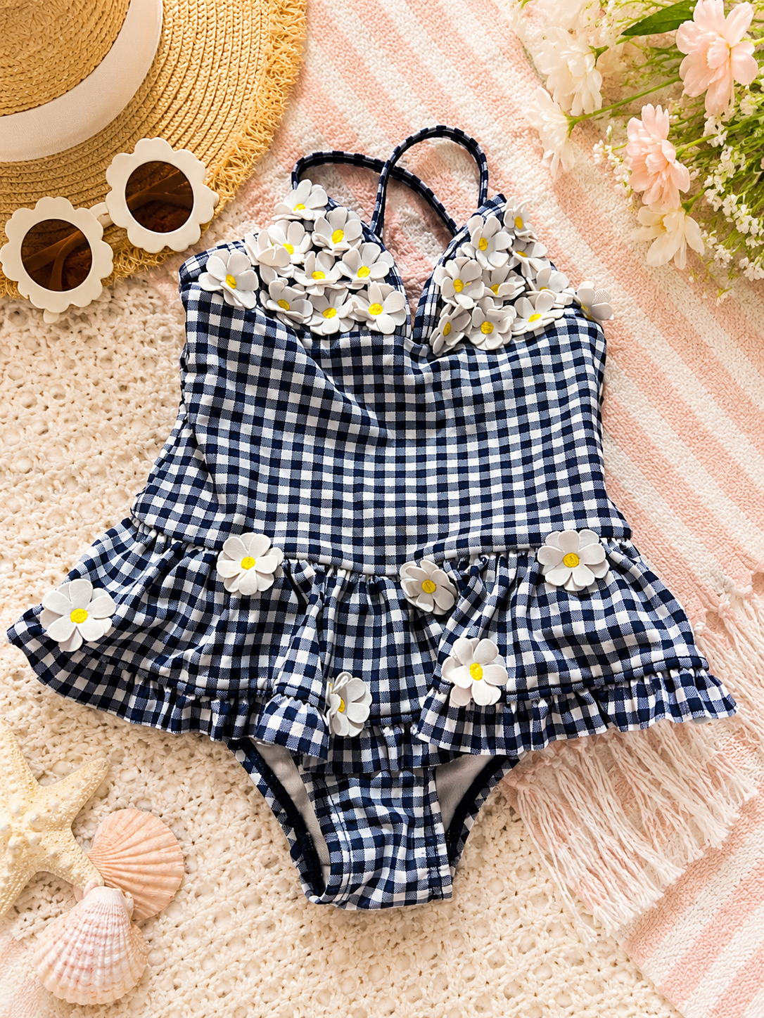 Little Me Daisy Gingham Skirted One-Piece Swimsuit Size 18M