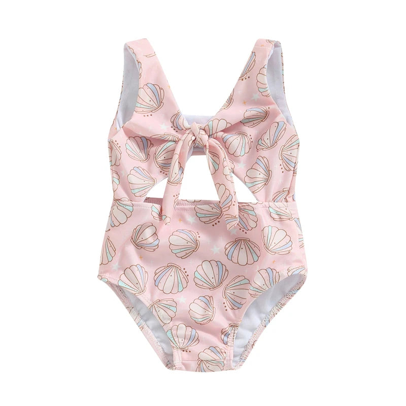 Toddler Baby Girls Swimsuit Summer Sleeveless Cute Floral/Shell Print Cutout Swimwear Swimming Pool Bathing Suit