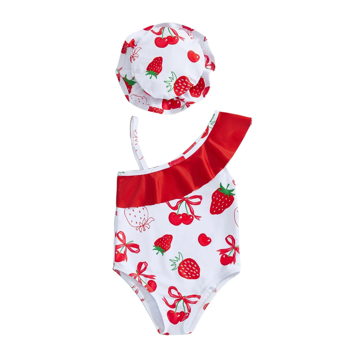 Toddler Baby Girls Swimsuit with Hat 2 Pcs Set Cherry Bow Strawberry Print Ruffled Trim Spaghetti Strap Sleeveless Swimwear