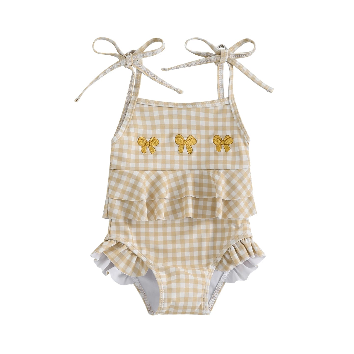 MISOWMNJOY Baby Strap Beachwear for Girls Swimsuit Cute Spaghetti Straps Tie-up Embroidery Bow Plaid Kids Swimming Bathing Suit