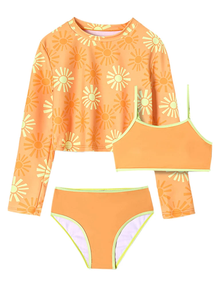 Bikini Kids Girls Swimsuit 2026 New Yellow Print Bikini Set Children Swimsuit Summer Long Sleeves Three Piece Beach Bathing Suit