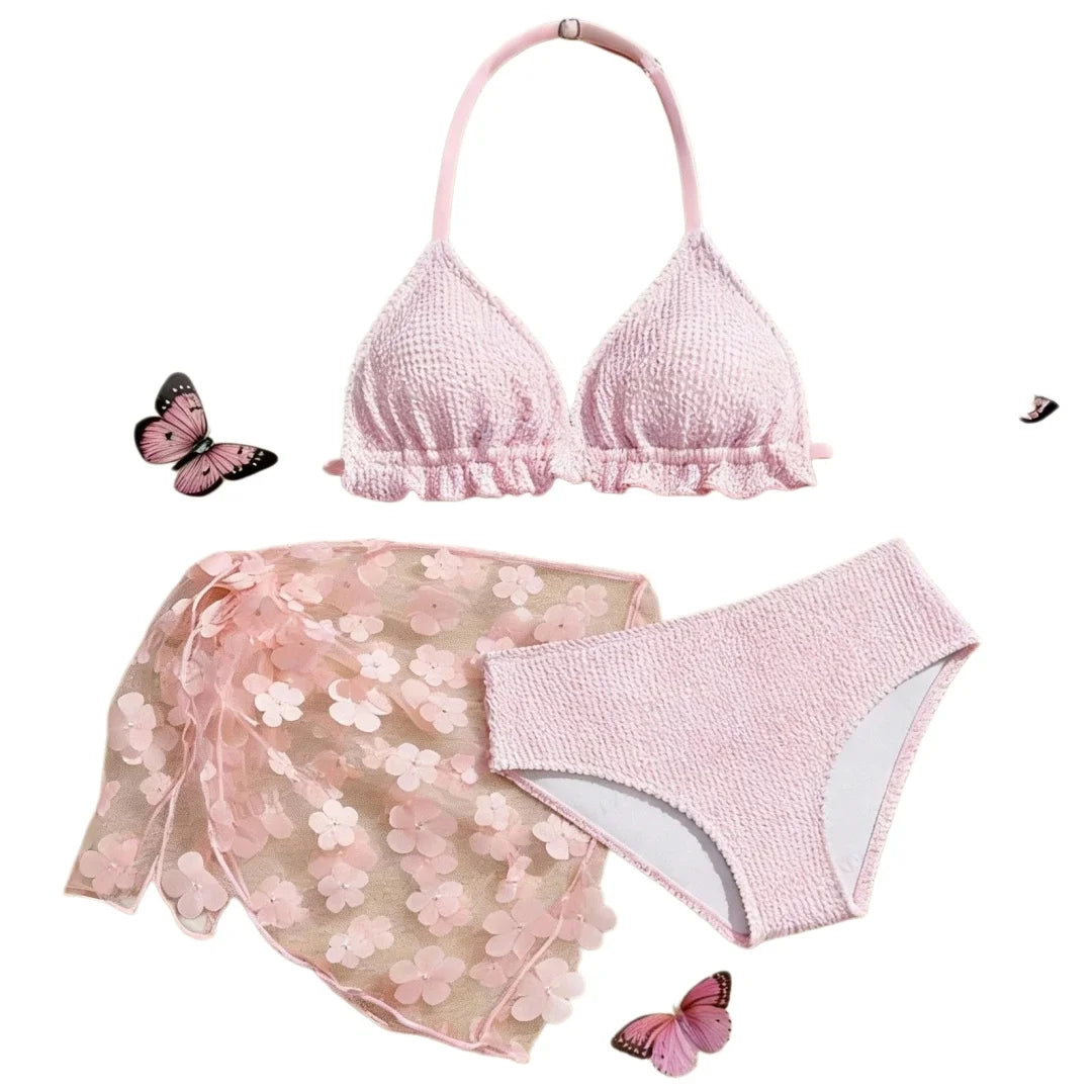 Tween And Teen Girl 3pcs Bikini Sets 3D Floral Mesh Beach Skirt 7-16 Years Kids Girl Swimsuit Cute Casual Big Girl Bathing Suit