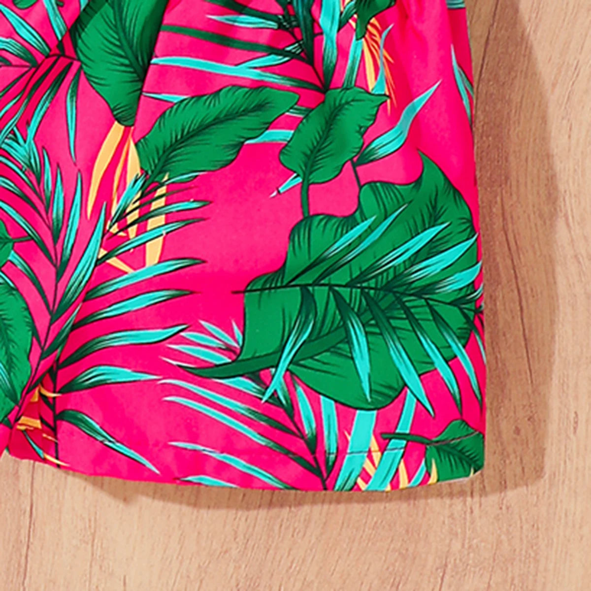 Girls Summer Fashion Set Green Sleeveless High Collar Top + Pink Print Shorts Tropical Style Children's Two-Piece Outfit