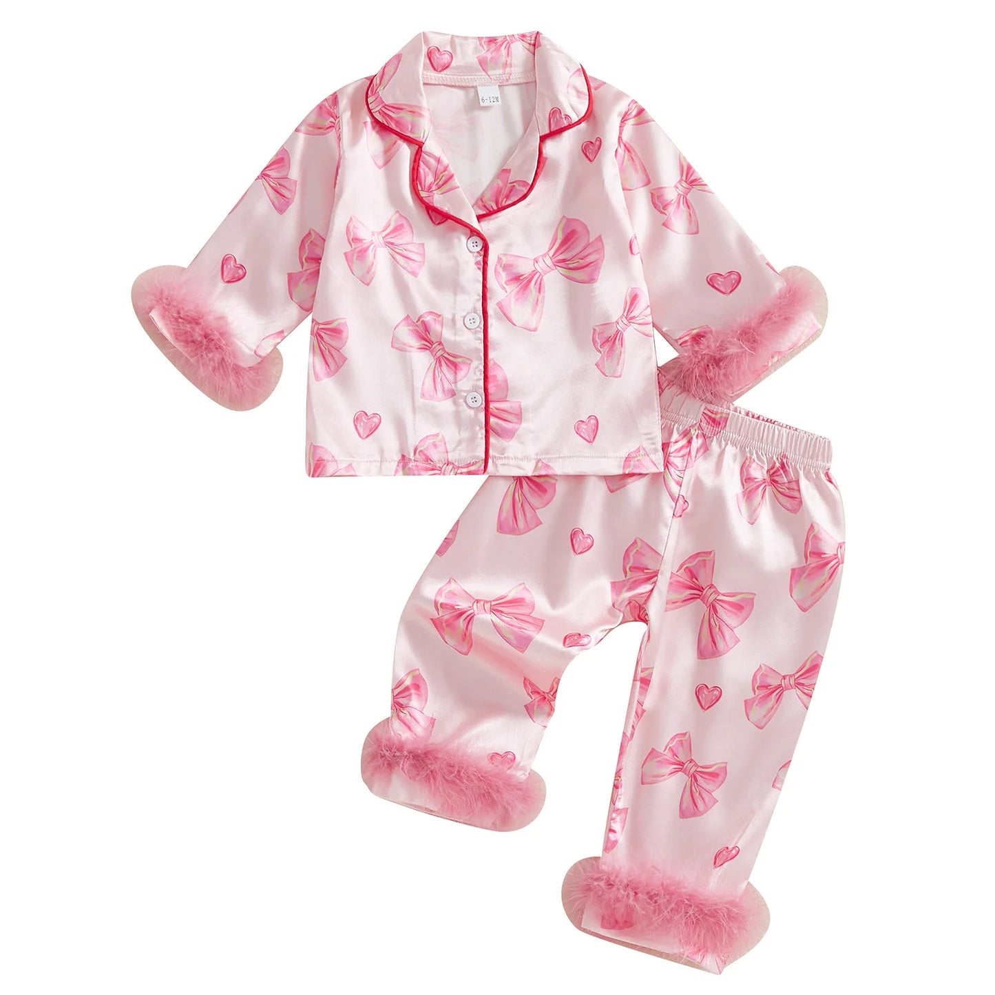 Kid Girl Satin Pajamas Set Bow Print Feather Cuffs Long Sleeve Lapel Button Down Tops with Pants Sleepwear