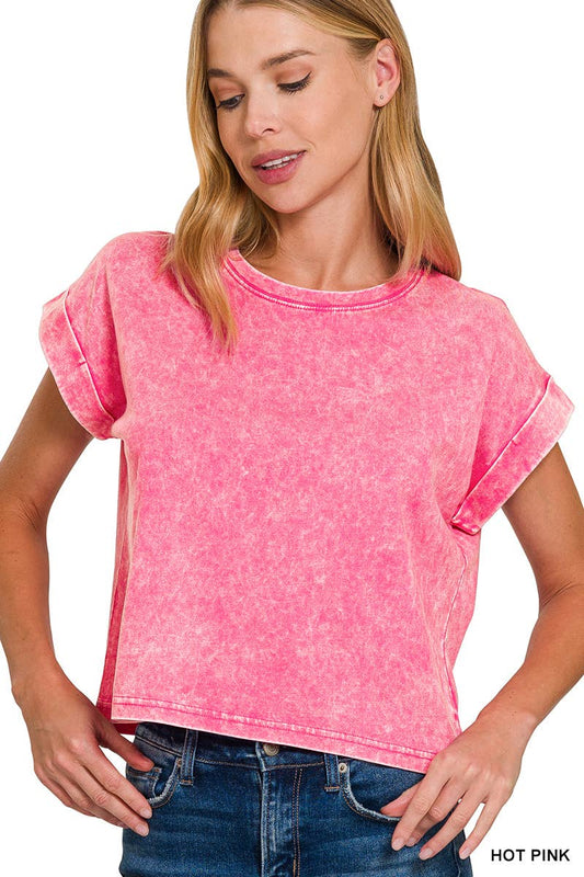 Zenana 100% Cotton Washed Cuffed Short Sleeve Tee