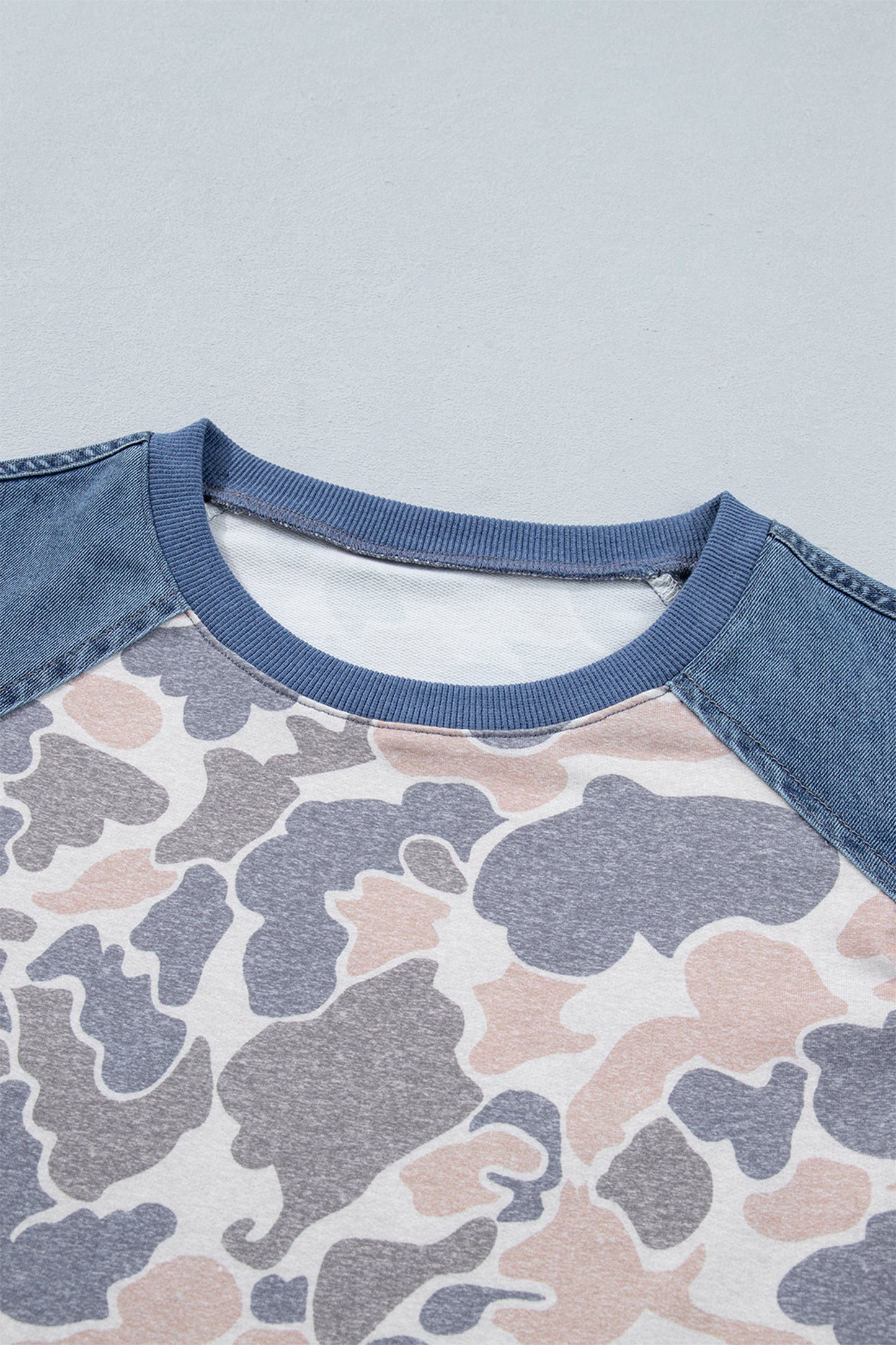 Multicolour Camouflage Print Denim Color Block Sleeve Casual Tee