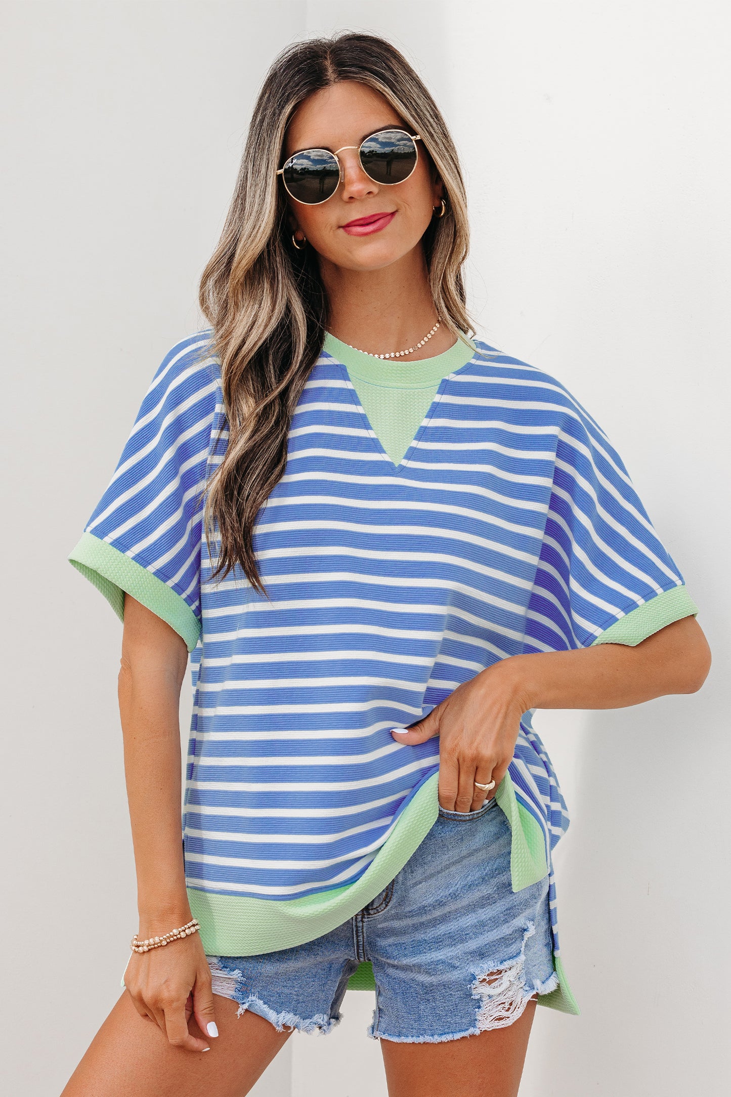 Sky Blue Stripe Contrast Trim Loose Short Sleeve Top