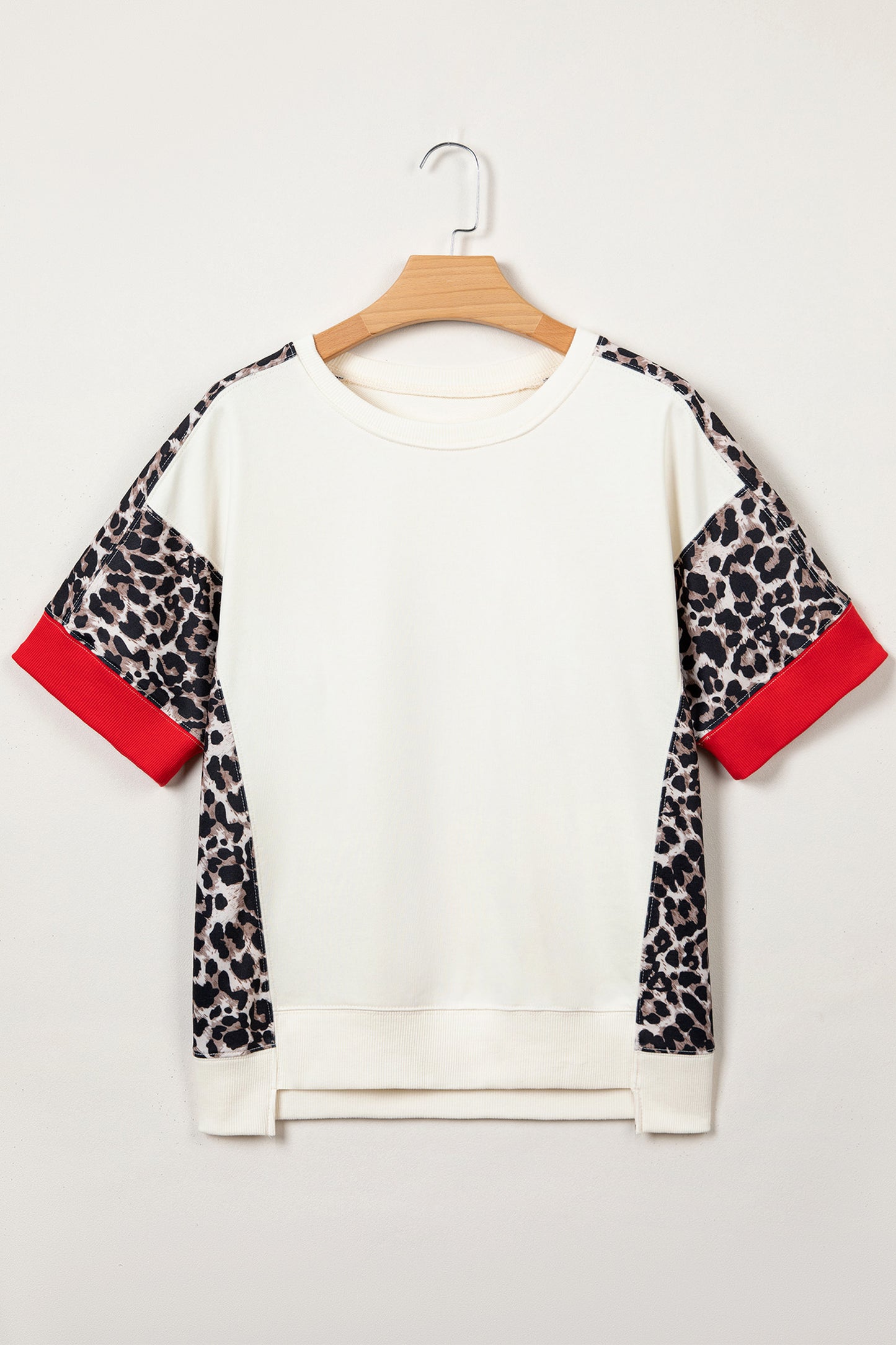 Beige Leopard Block Patchwork Uneven Hem Short Sleeve Top
