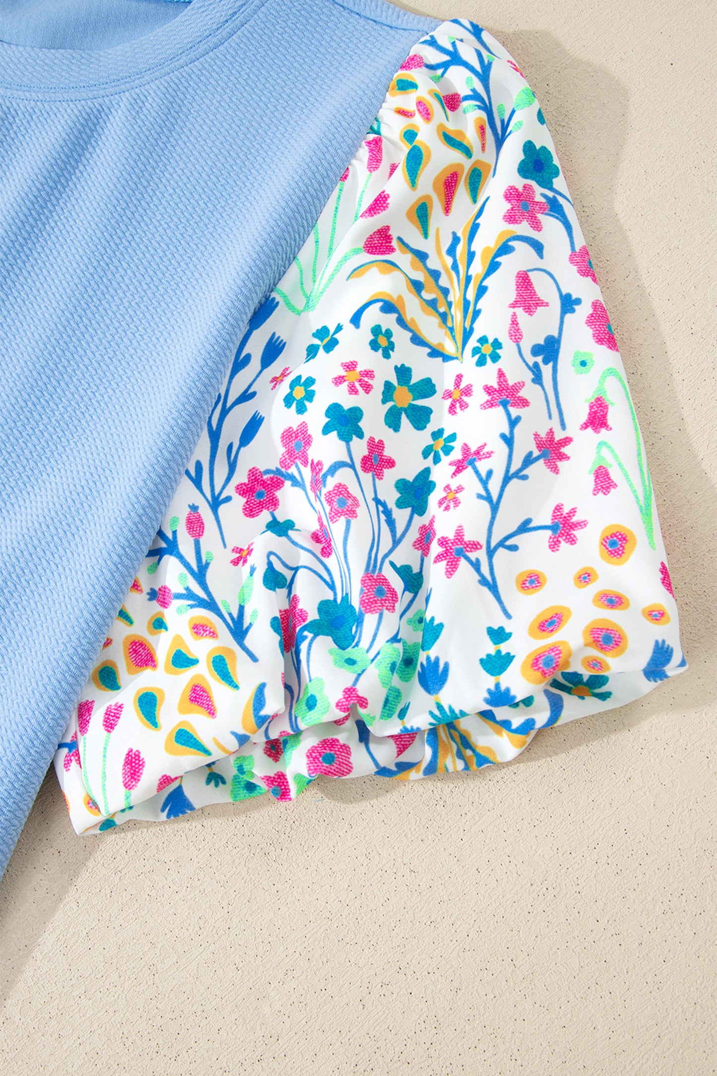 Light Blue Textured Bodice Contrast Floral Sleeve Plus Size Top