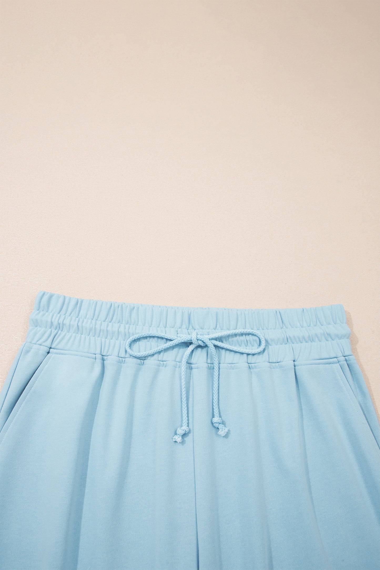 Mist Blue Solid Color Ribbed Trim Short Sleeve Top Drawstring Loose Pants 2pcs Outfit