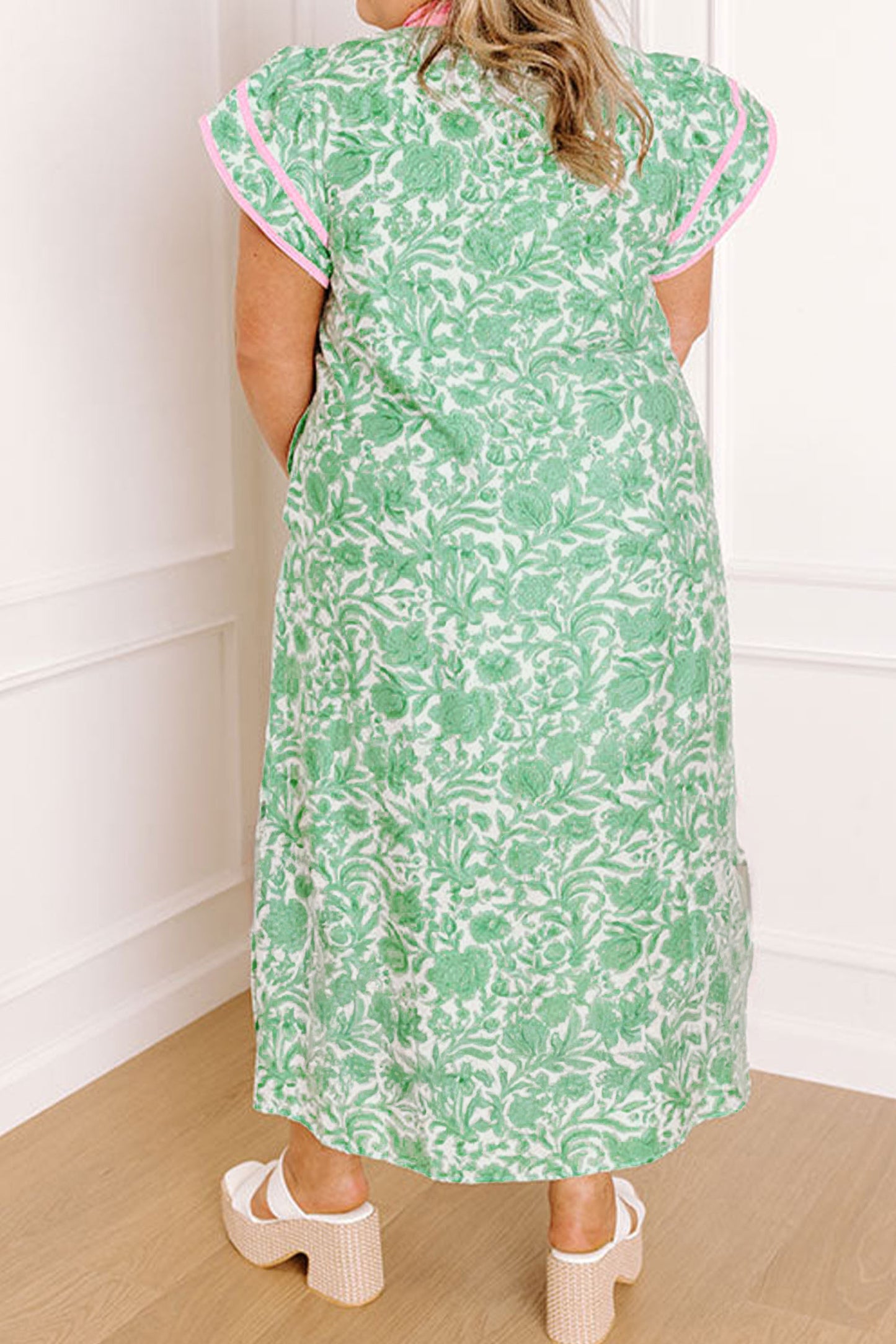 Green Plus Size Contrast Trim Flutter Sleeve Floral Kaftan Maxi Dress