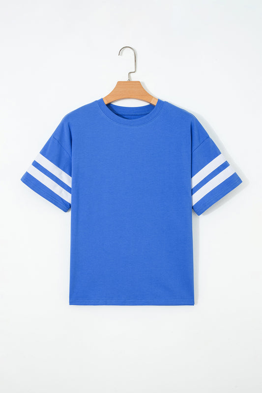 Dark Blue Varsity Striped Short Sleeve Crew Neck T Shirt
