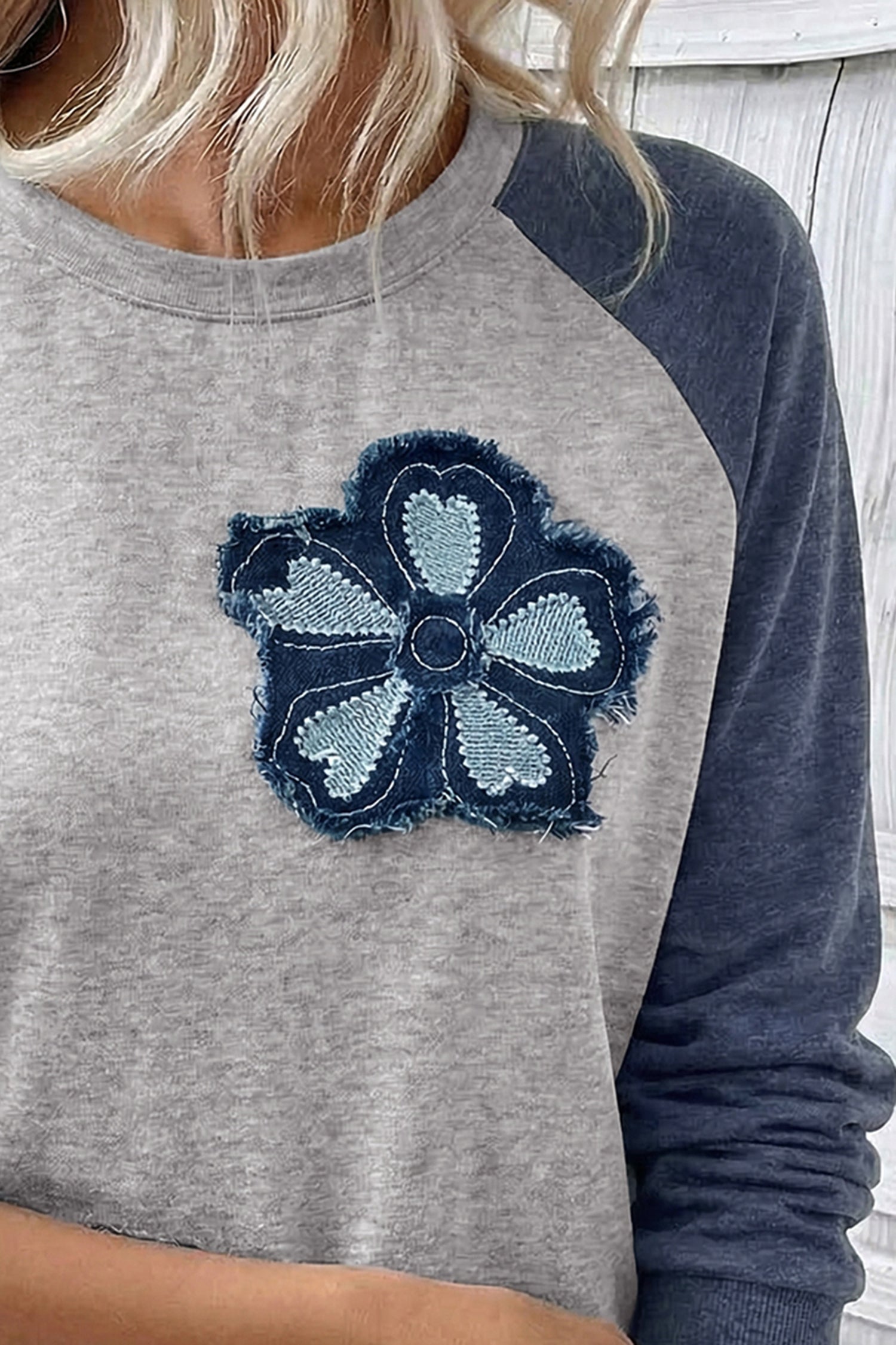Dark Blue Color Block Flower Embroidered Patch Graphic Raglan Long Sleeve Top