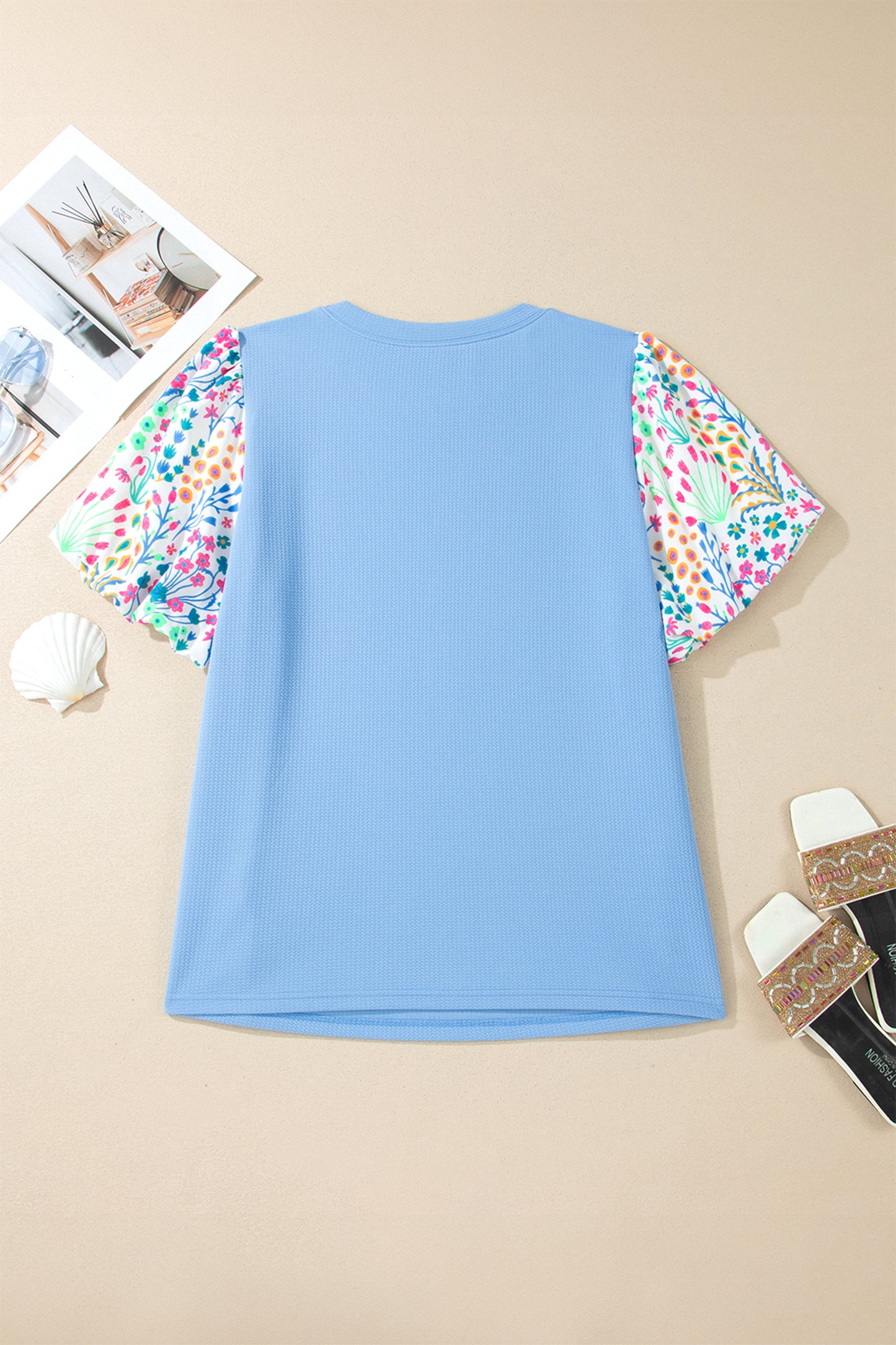 Light Blue Textured Bodice Contrast Floral Sleeve Plus Size Top