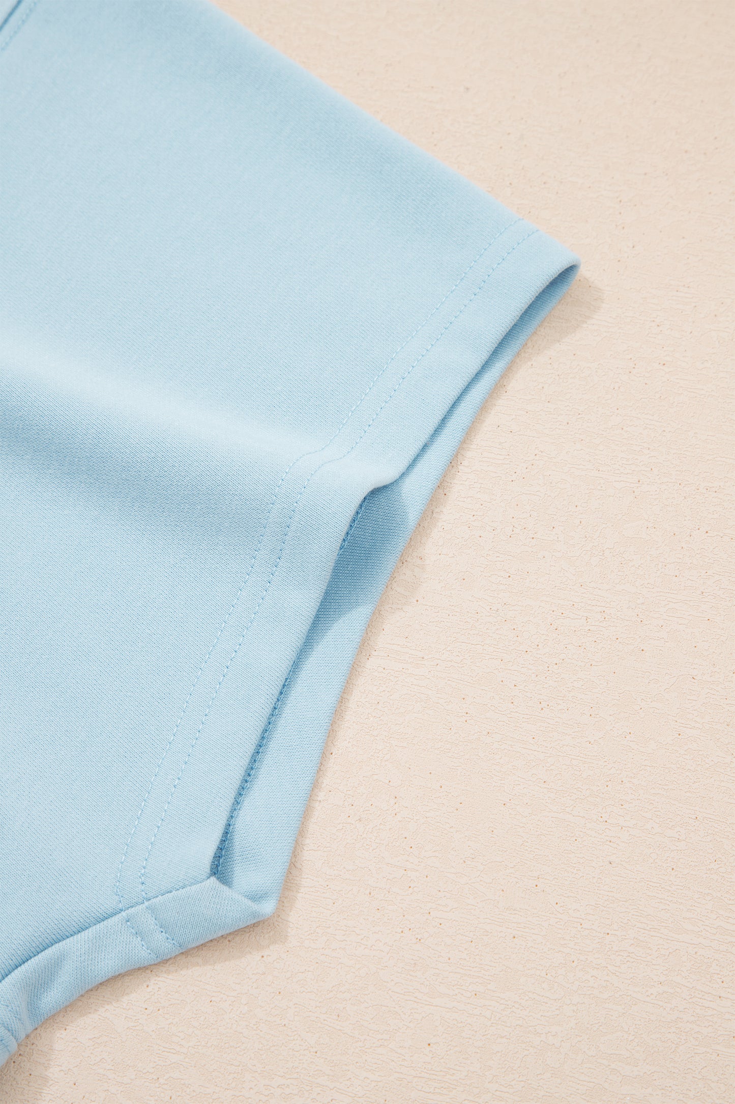 Mist Blue Solid Color Ribbed Trim Short Sleeve Top Drawstring Loose Pants 2pcs Outfit