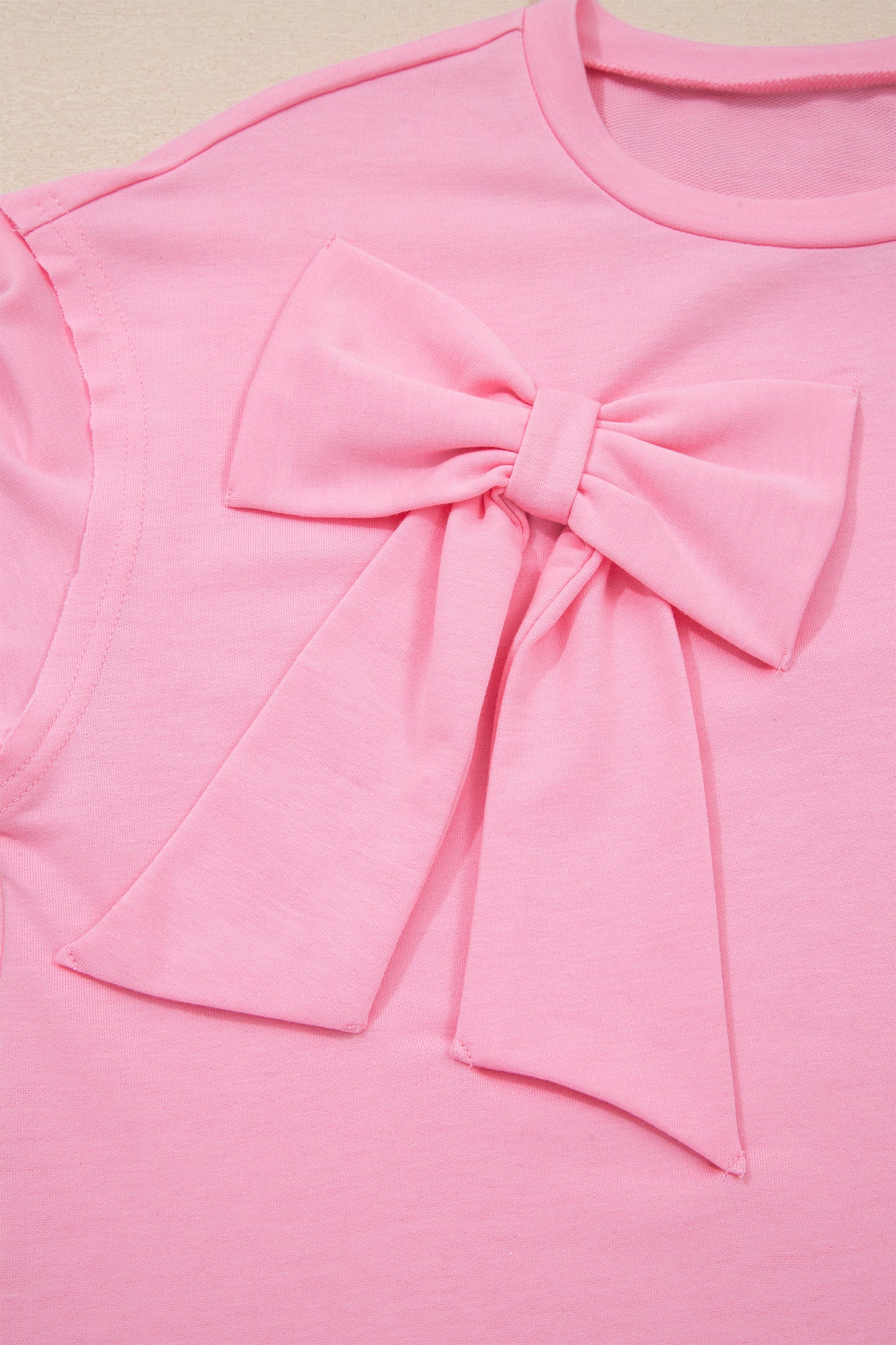 Pink Solid Color Raw Edge Bow Patch Loose T Shirt