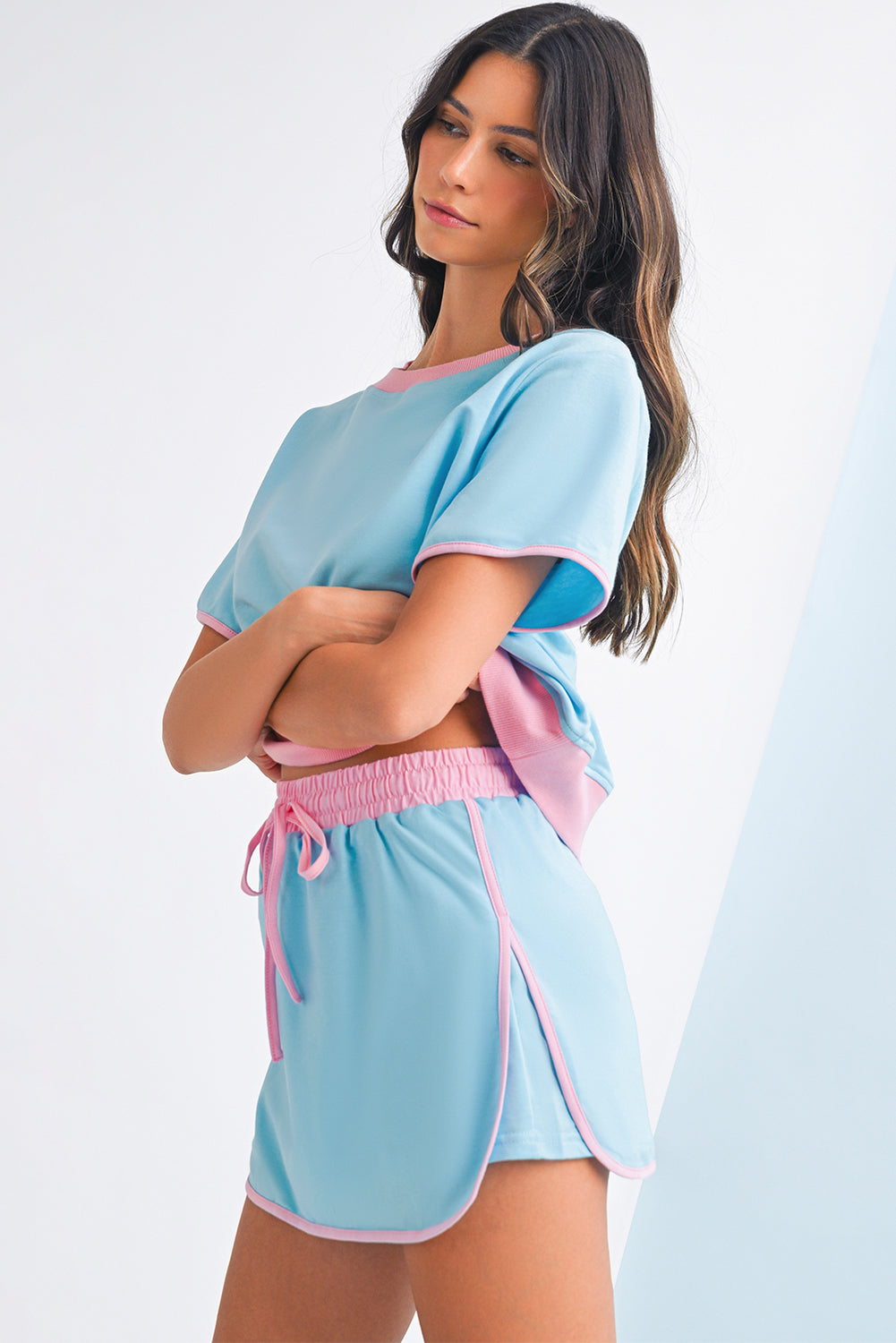 Turquoise Colorblock Edge Drop Shoulder T Shirt and Skort 2Pcs Set