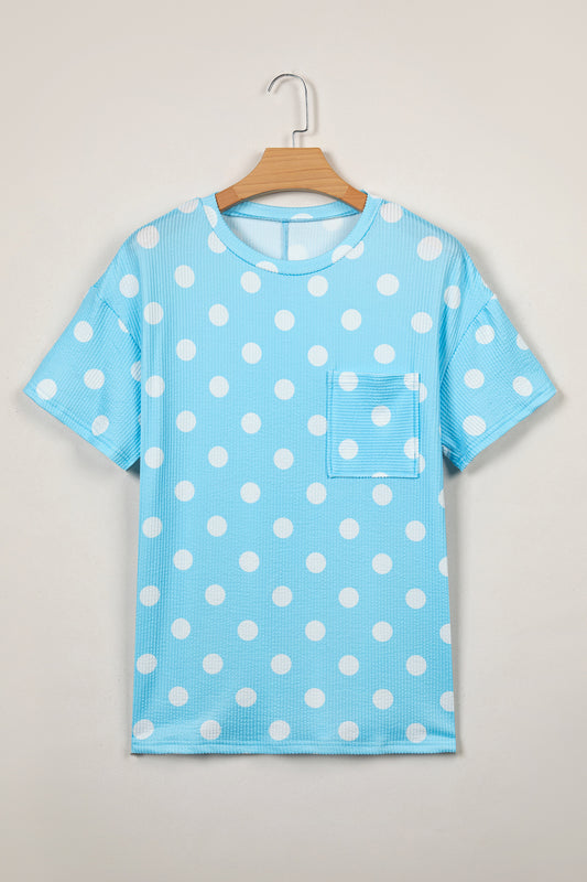 Sky Blue Polka Dot Patch Pocket Twisted Ribbed Top