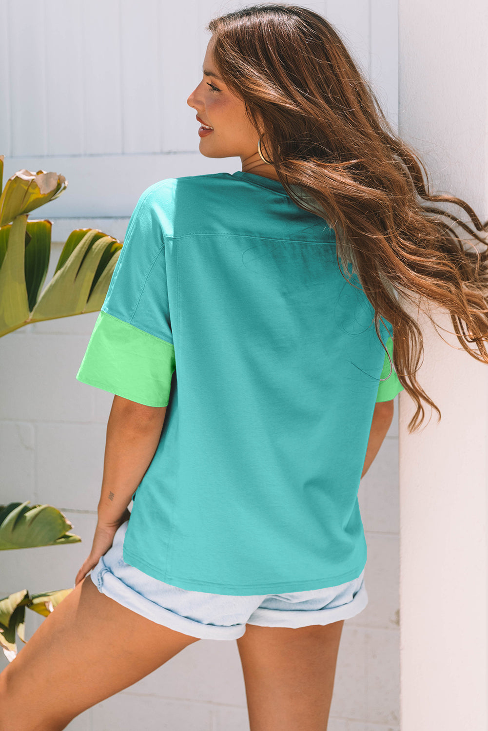 Smoke Green Frayed Denim Star Patched Oversize T Shirt