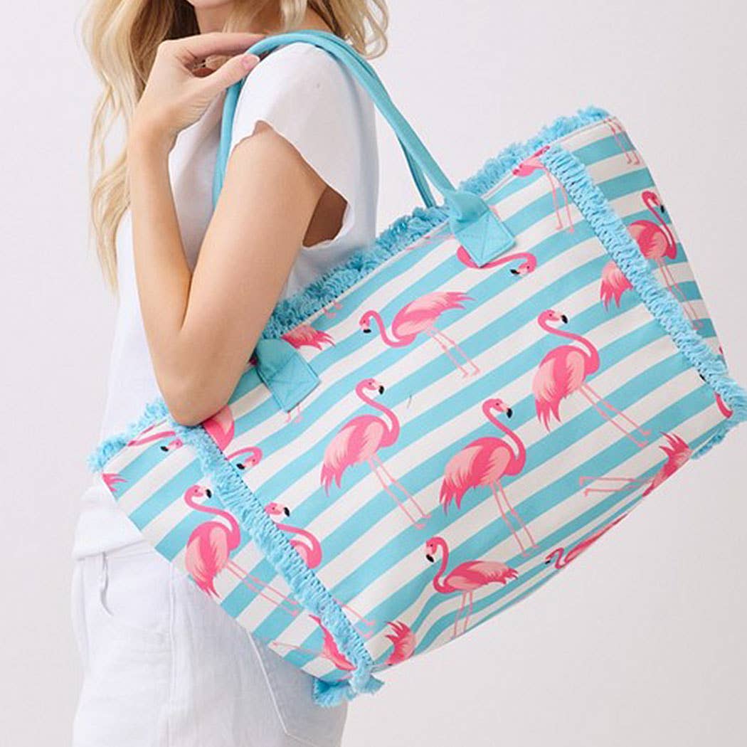 Flamingo Stripe Fringe Tote Bag
