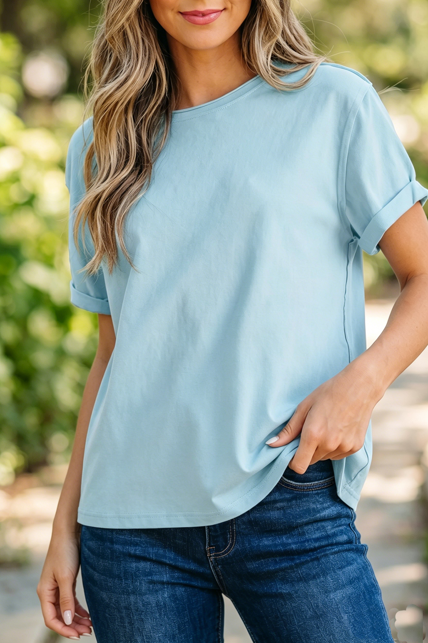 Myosotis Solid Color Round Neck Casual T Shirt