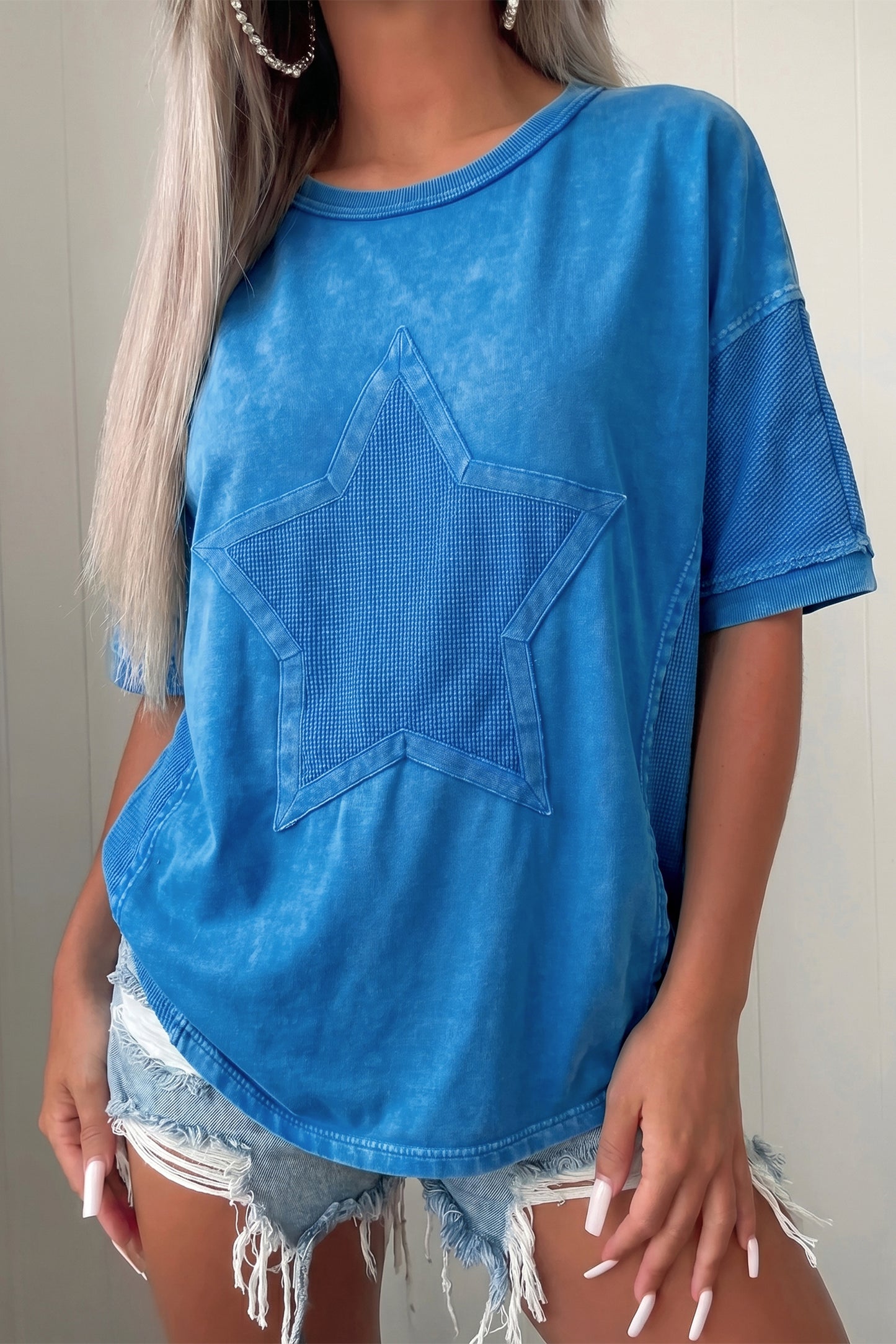 Blue Mineral Wash Star Mesh Patchwork Oversize Tee