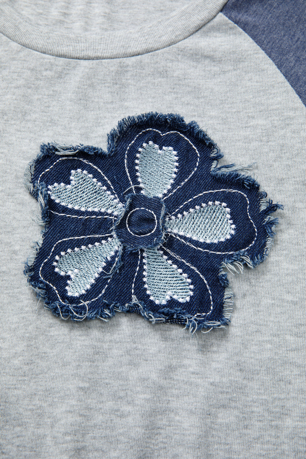 Dark Blue Color Block Flower Embroidered Patch Graphic Raglan Long Sleeve Top