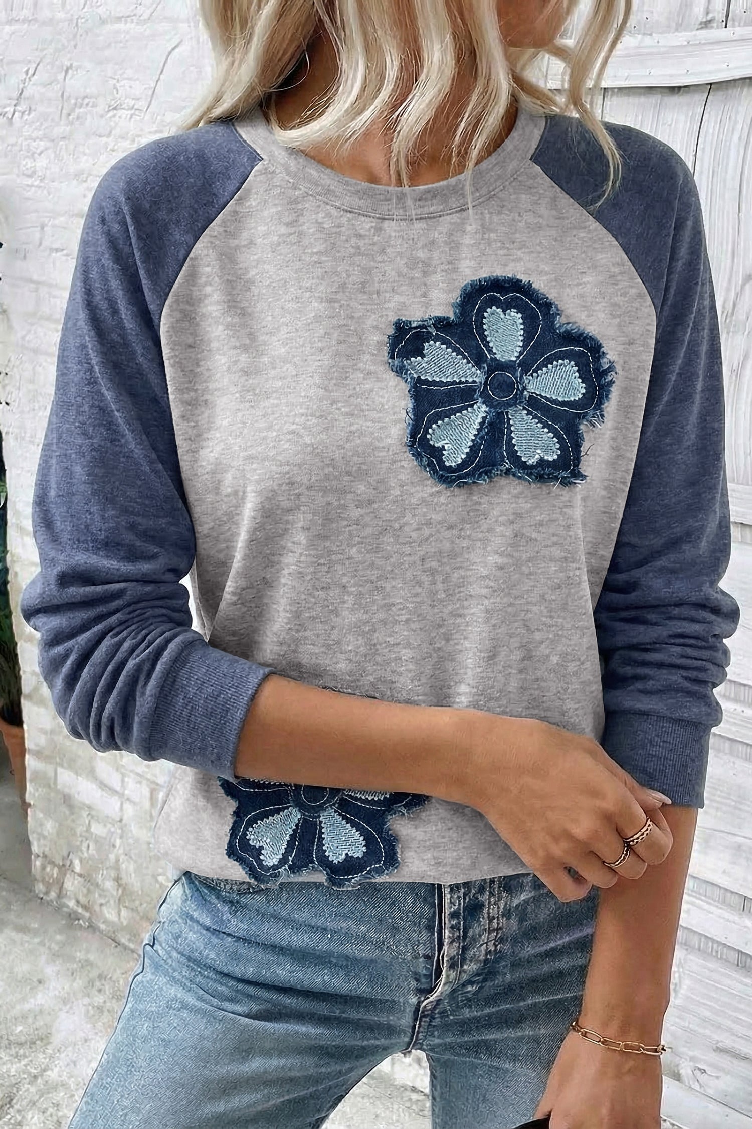 Dark Blue Color Block Flower Embroidered Patch Graphic Raglan Long Sleeve Top