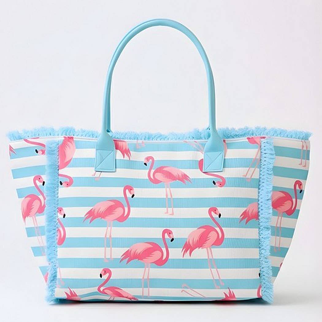 Flamingo Stripe Fringe Tote Bag