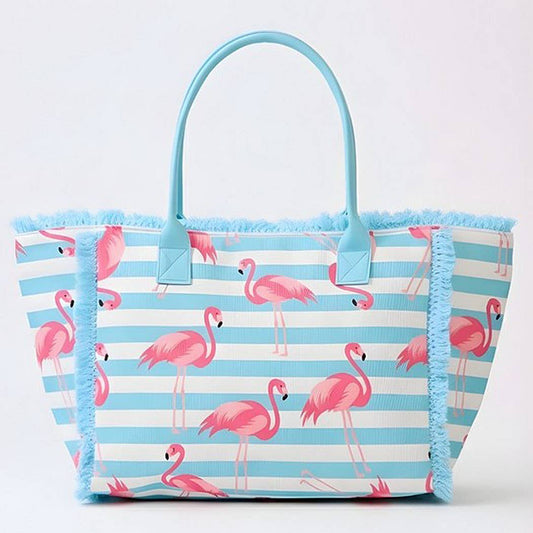 Flamingo Stripe Fringe Tote Bag