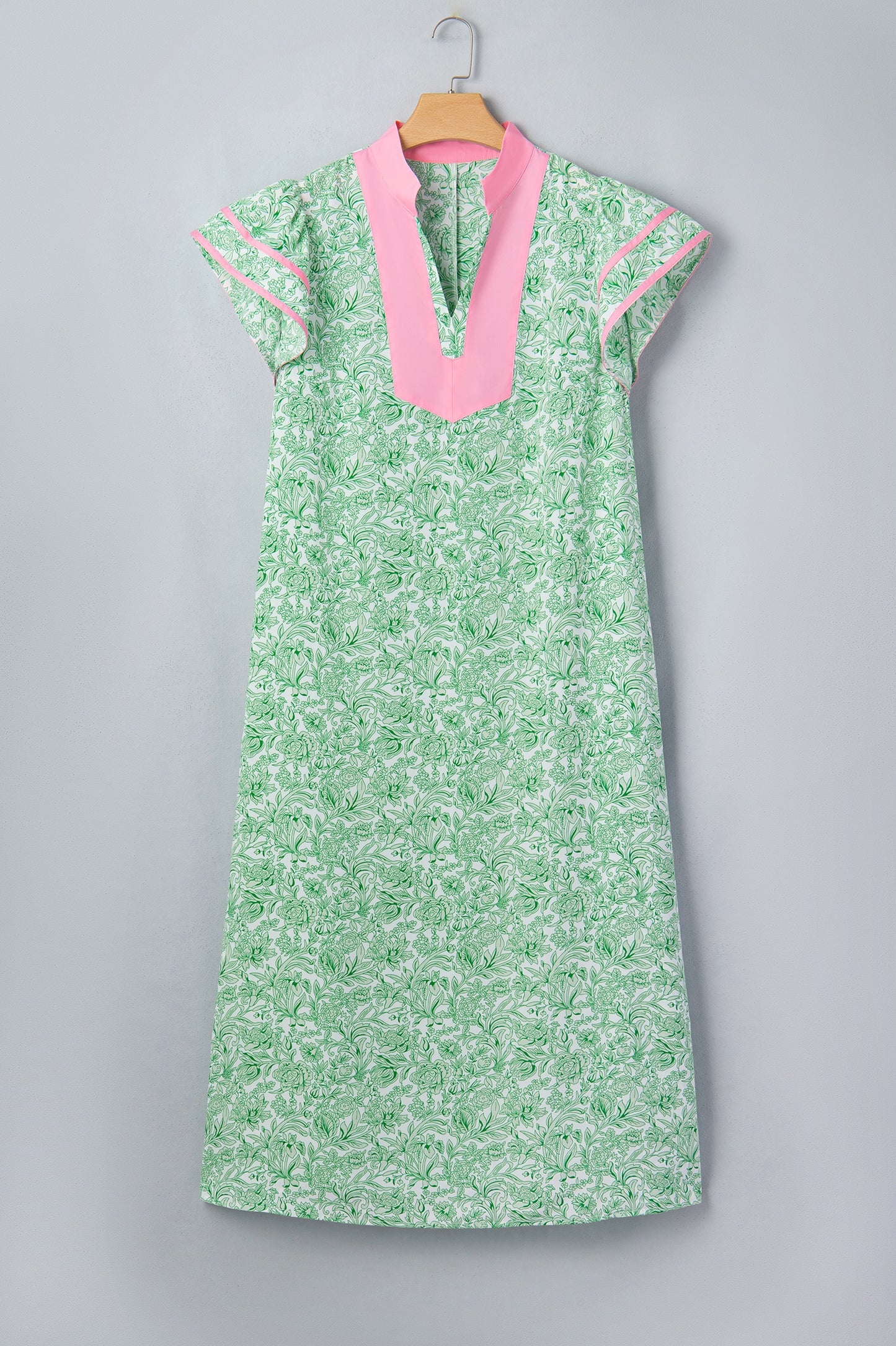 Green Plus Size Contrast Trim Flutter Sleeve Floral Kaftan Maxi Dress