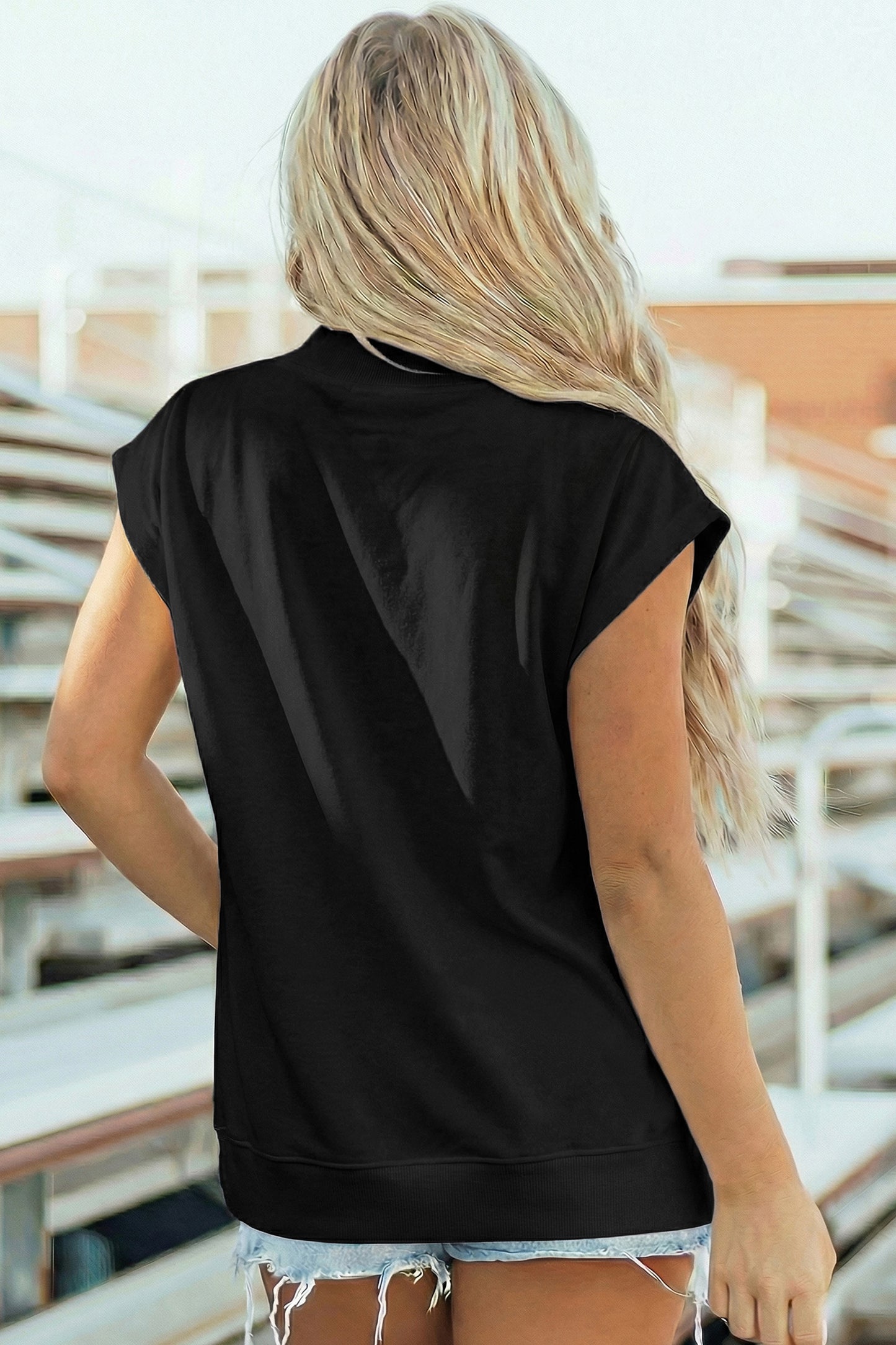 Solid Color High Neck Cap Sleeve Loose Top