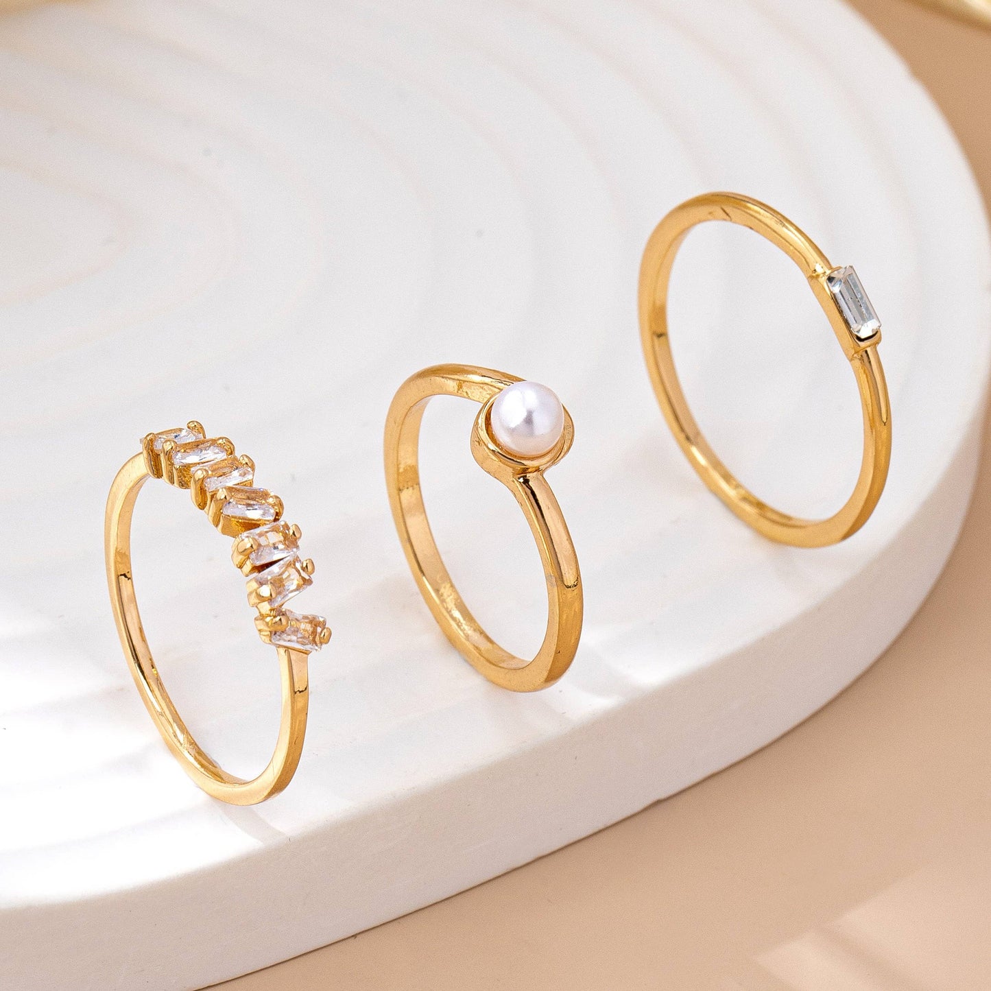 Pearl & Crystal Delicate Gold Ring Trio | 80R159