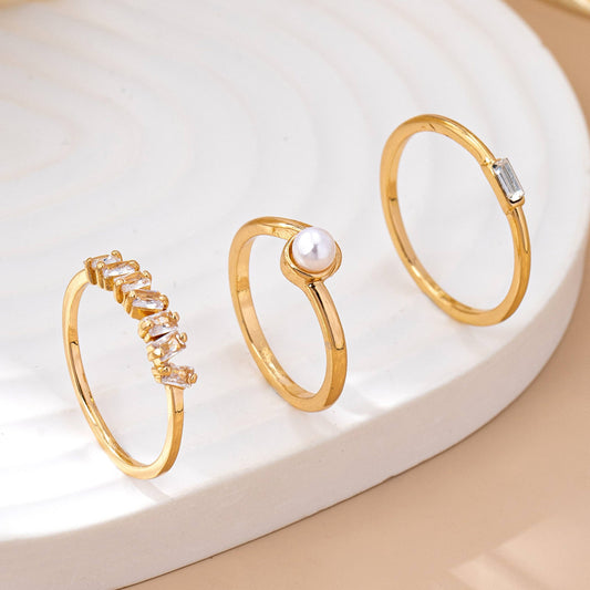 Pearl & Crystal Delicate Gold Ring Trio | 80R159