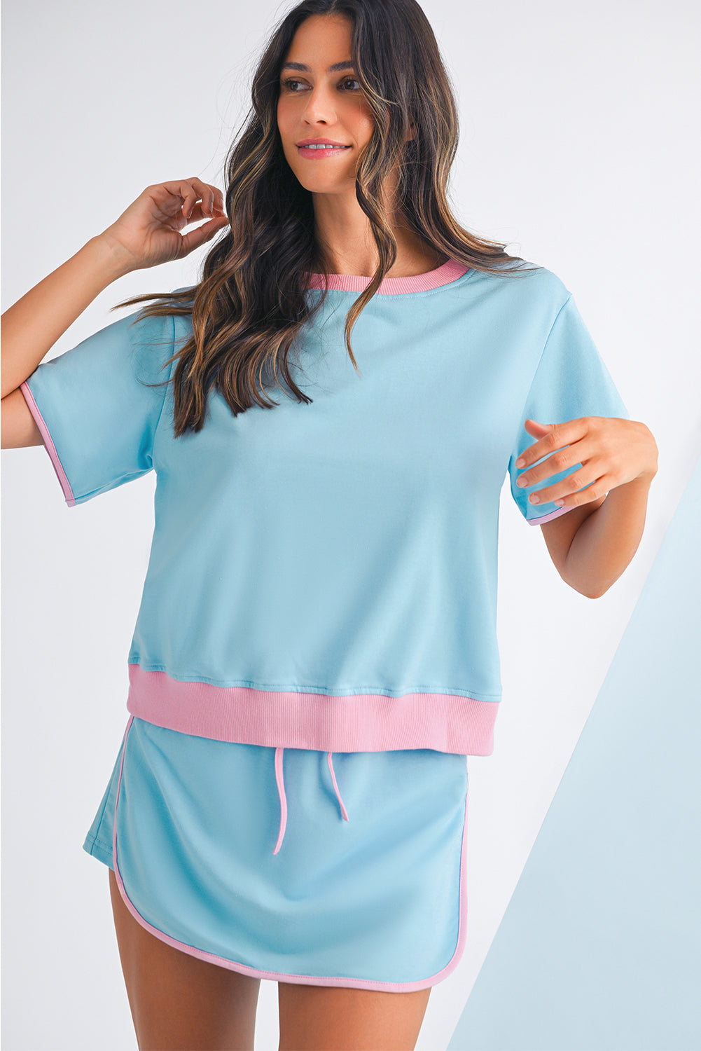 Turquoise Colorblock Edge Drop Shoulder T Shirt and Skort 2Pcs Set