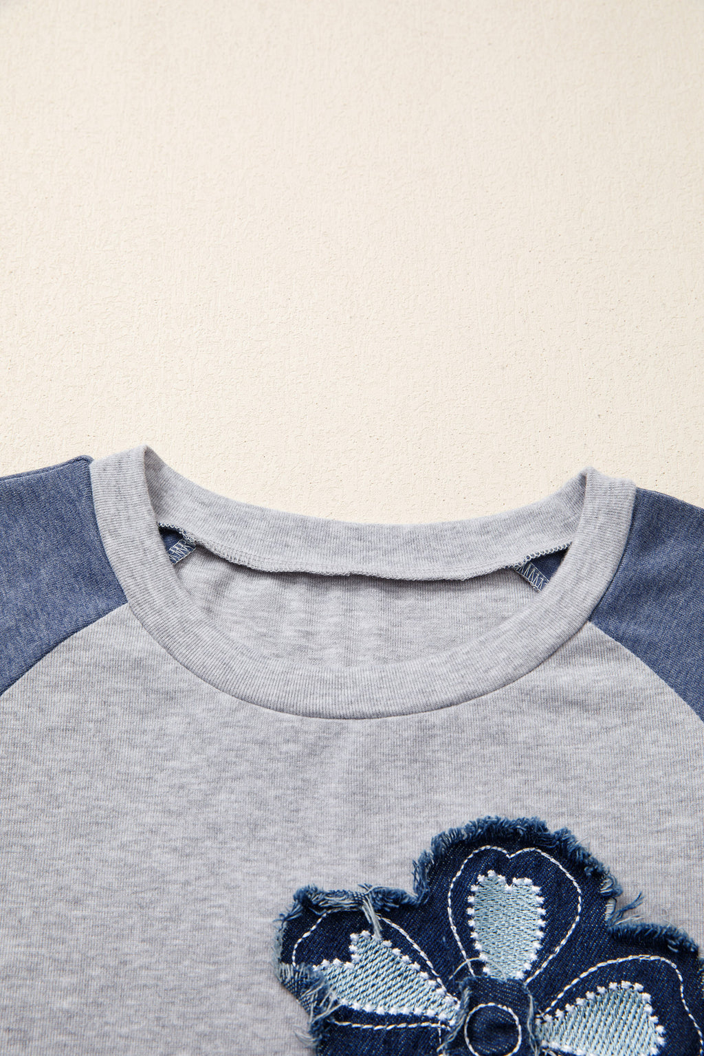 Dark Blue Color Block Flower Embroidered Patch Graphic Raglan Long Sleeve Top