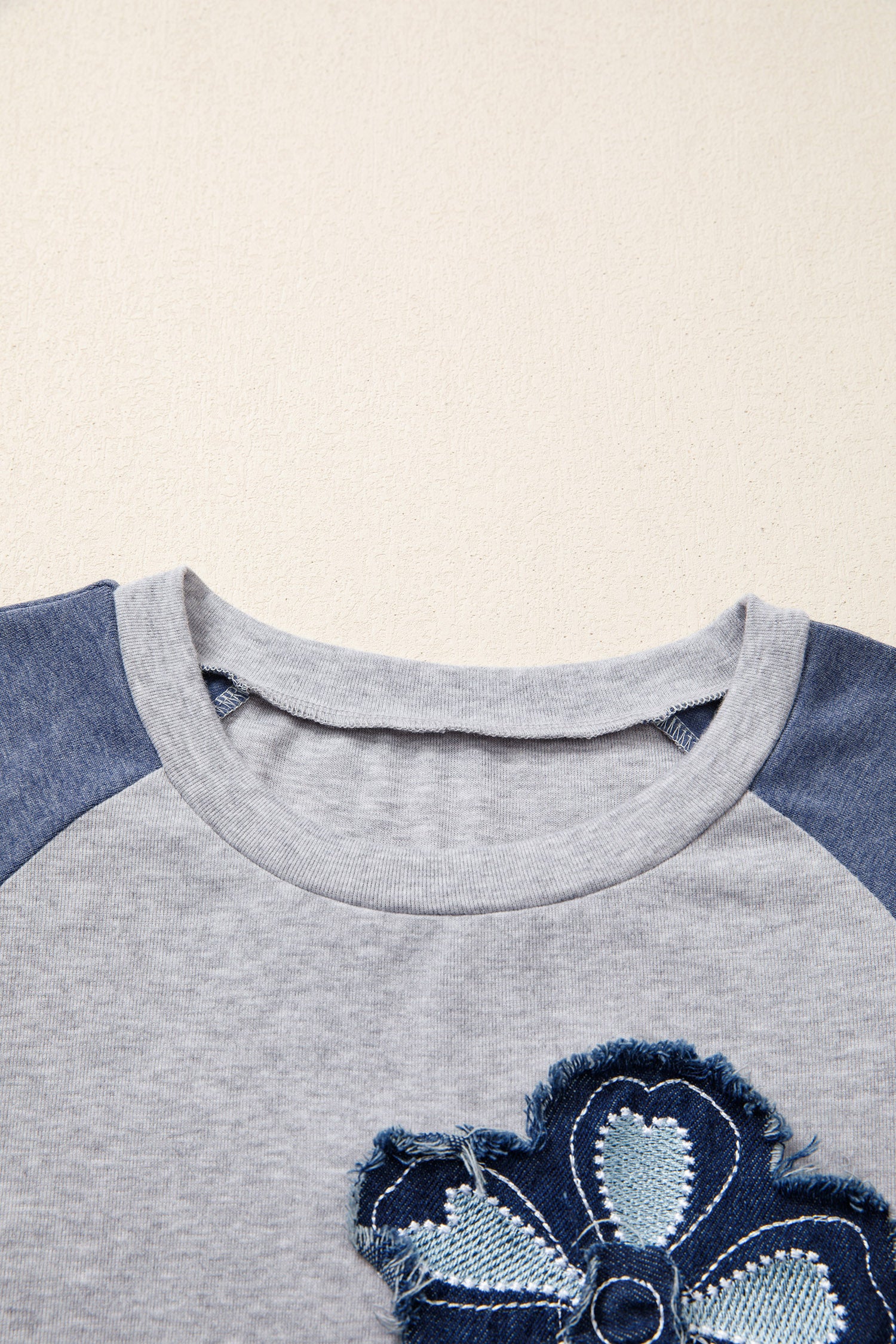 Dark Blue Color Block Flower Embroidered Patch Graphic Raglan Long Sleeve Top