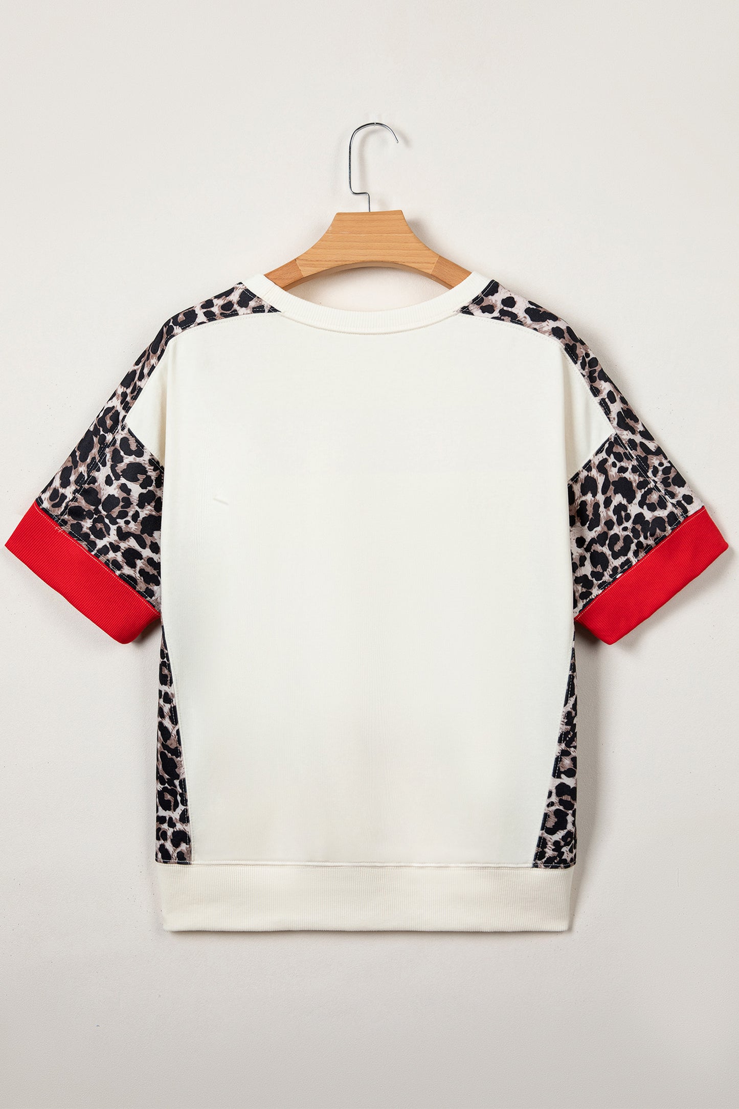 Beige Leopard Block Patchwork Uneven Hem Short Sleeve Top