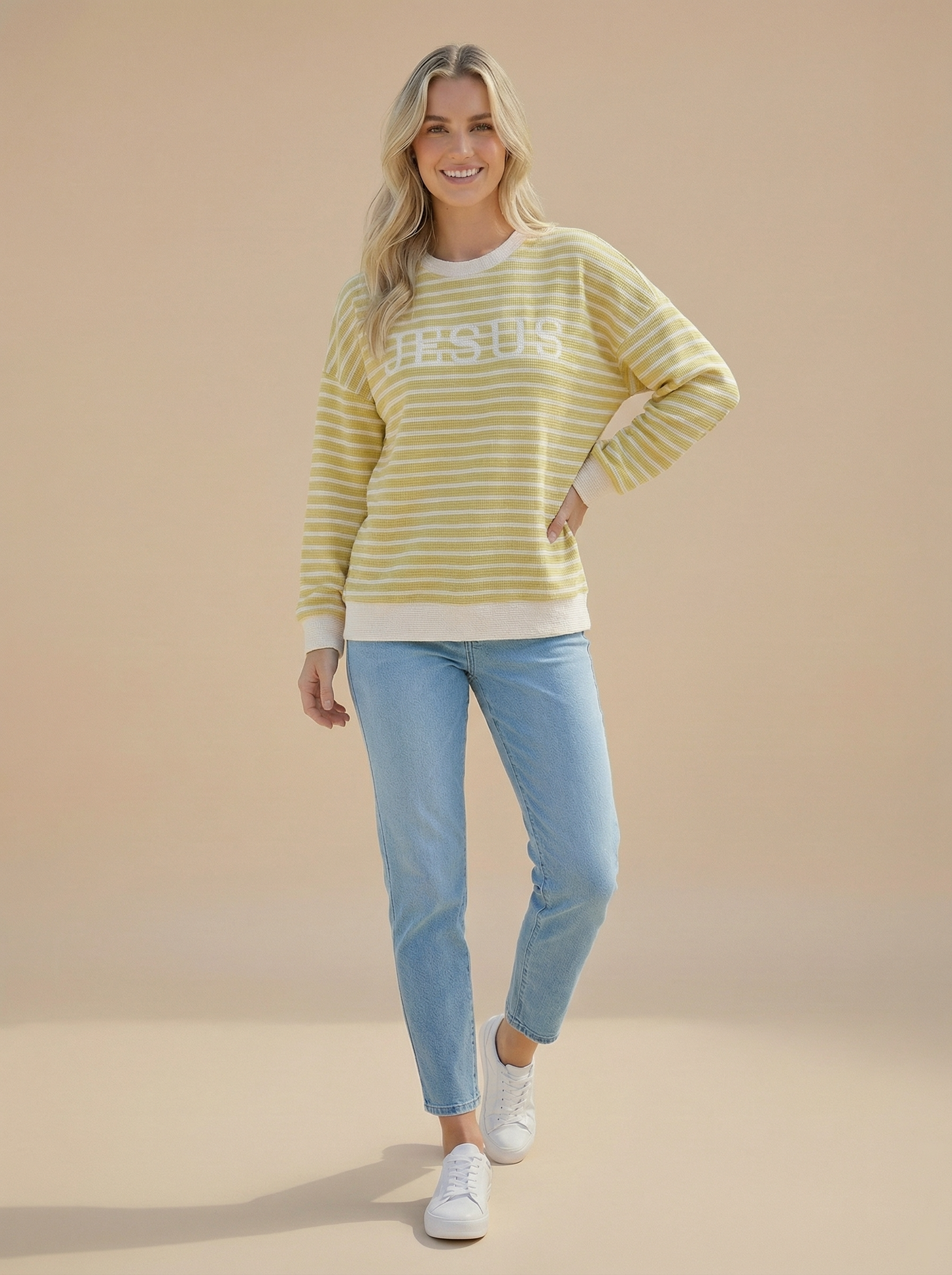 T-42286-"Jesus" cloudy knit stripe graphic l/s top