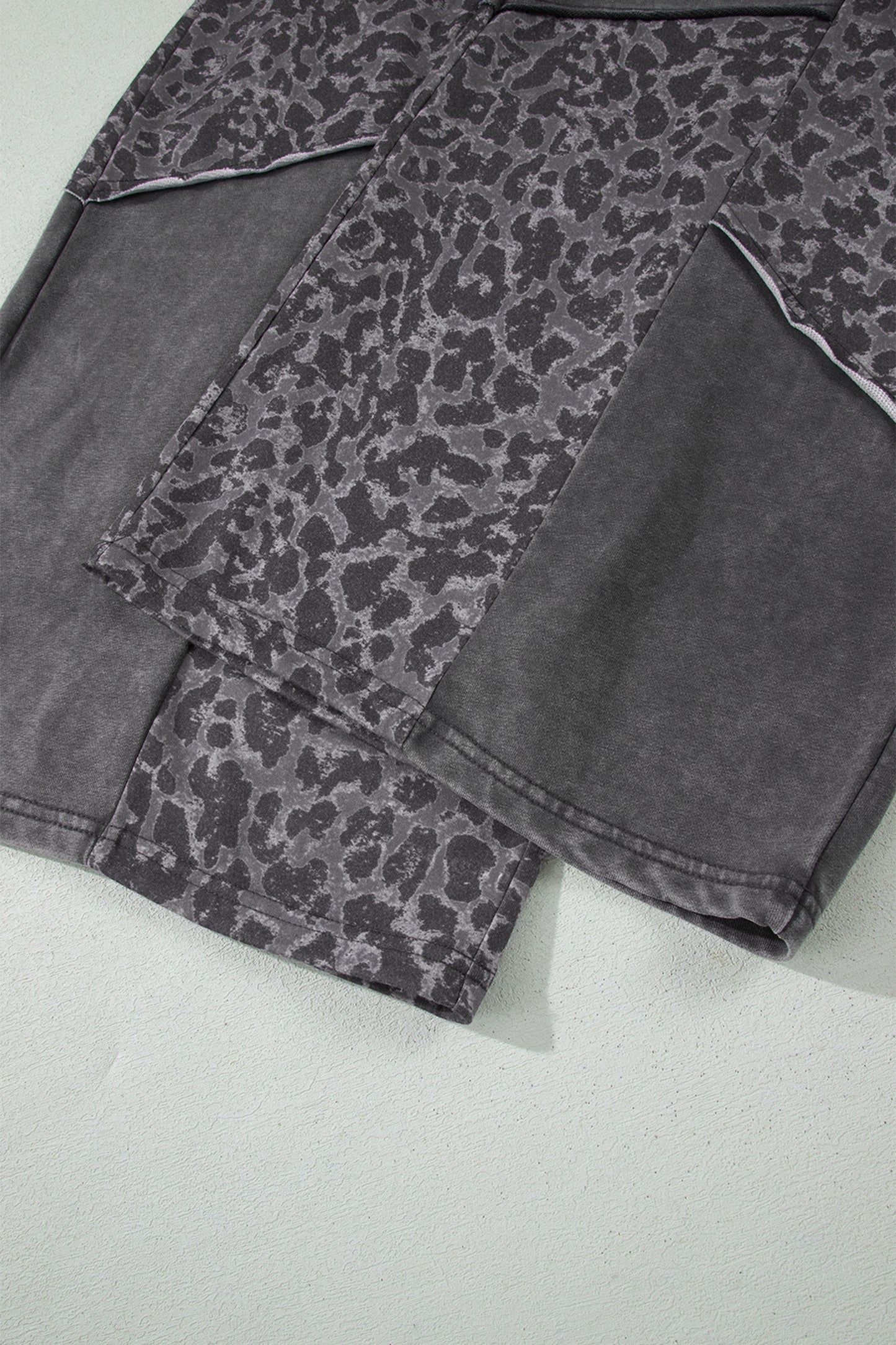 Dark Grey Plus Size Leopard Patchwork Mineral Wash Wide Leg Pants