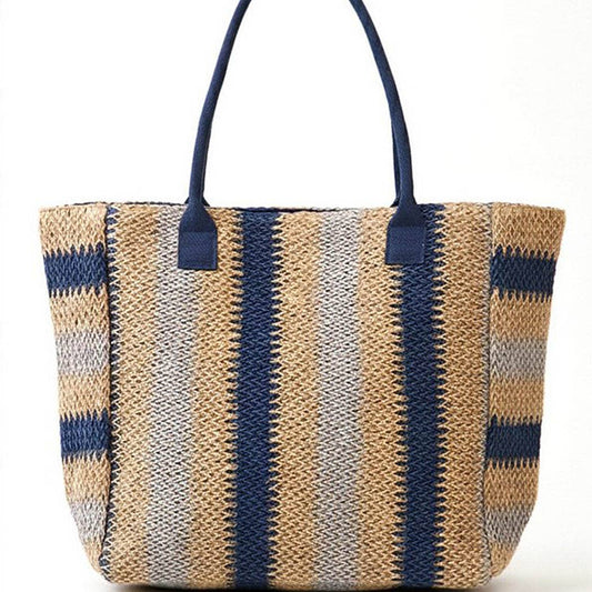 Natural Brown Multi Color Stripe Straw Tote Bag